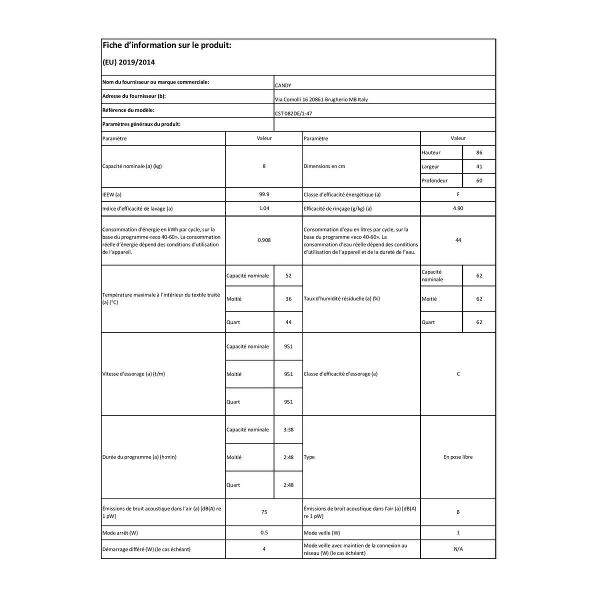 CANDY Lave linge top CST082DE/1-47, 8 kg, 1000 t/min