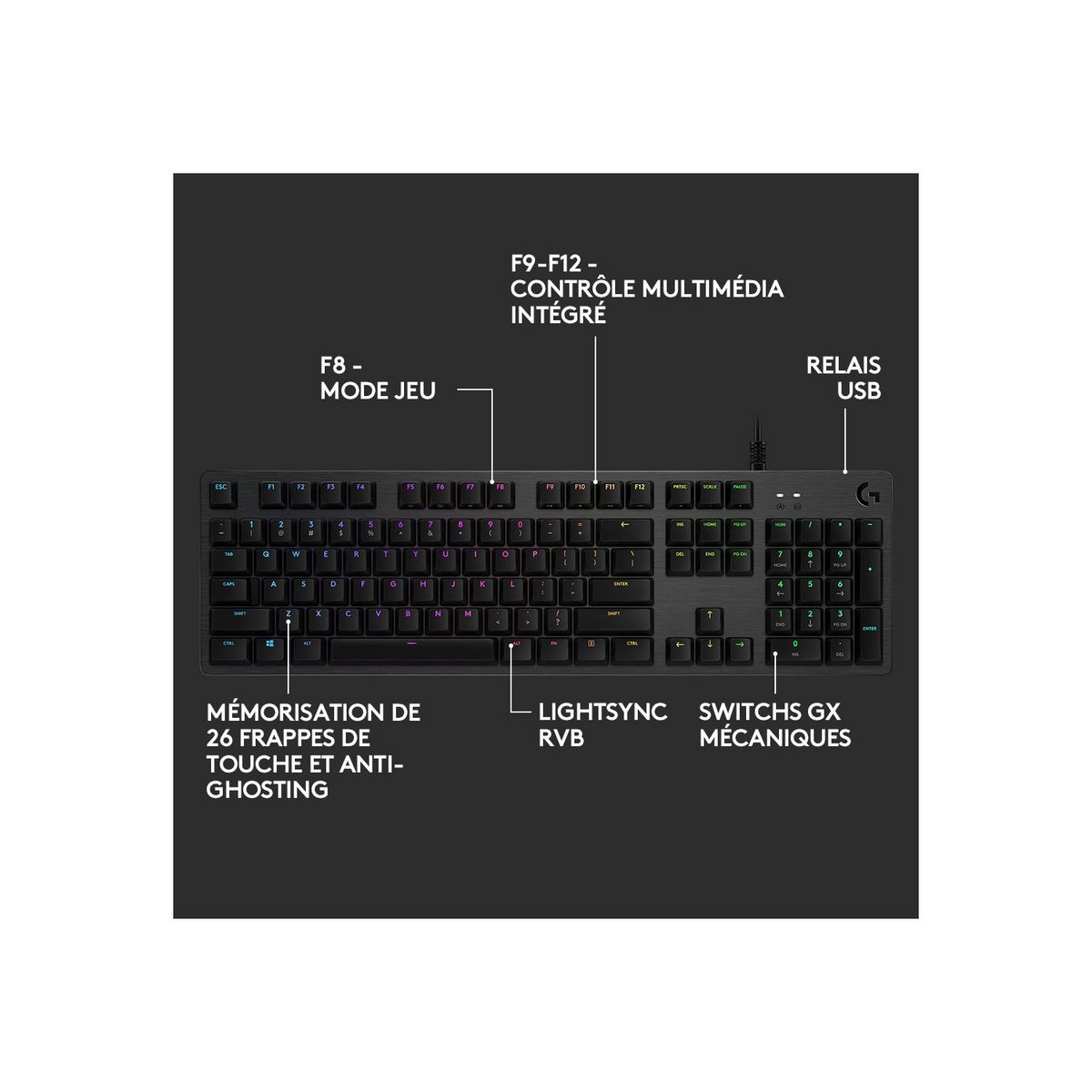 LOGITECH CLAVIER GAMING G512 CARBON LIGHTSYNC RVB avec switchs GX Brown et relais USB mécanique