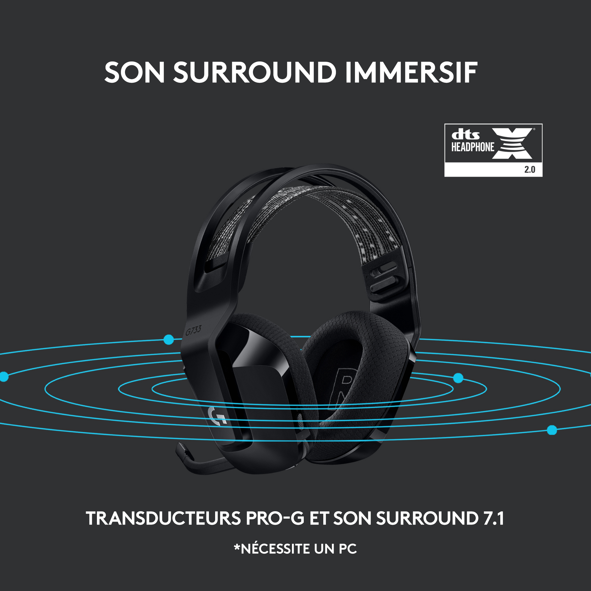 Voir la diapositive 7 : LOGITECH Casque Gaming Sans Fil G733 LIGHTSPEED RVB Noir