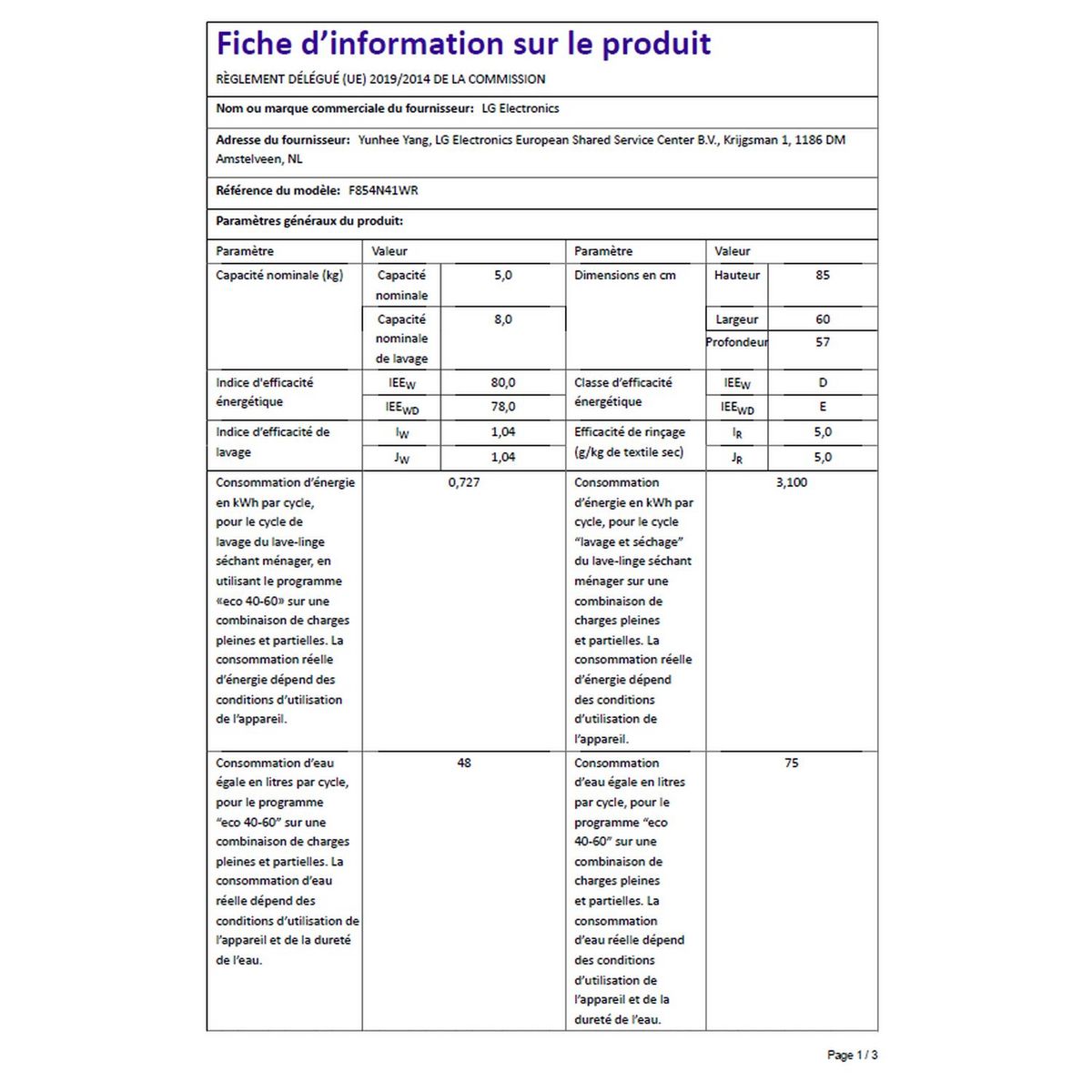 LG Lave linge séchant hublot F854N41WR, 8 kg lavage, 5 kg séchage, 1400 T/min, E