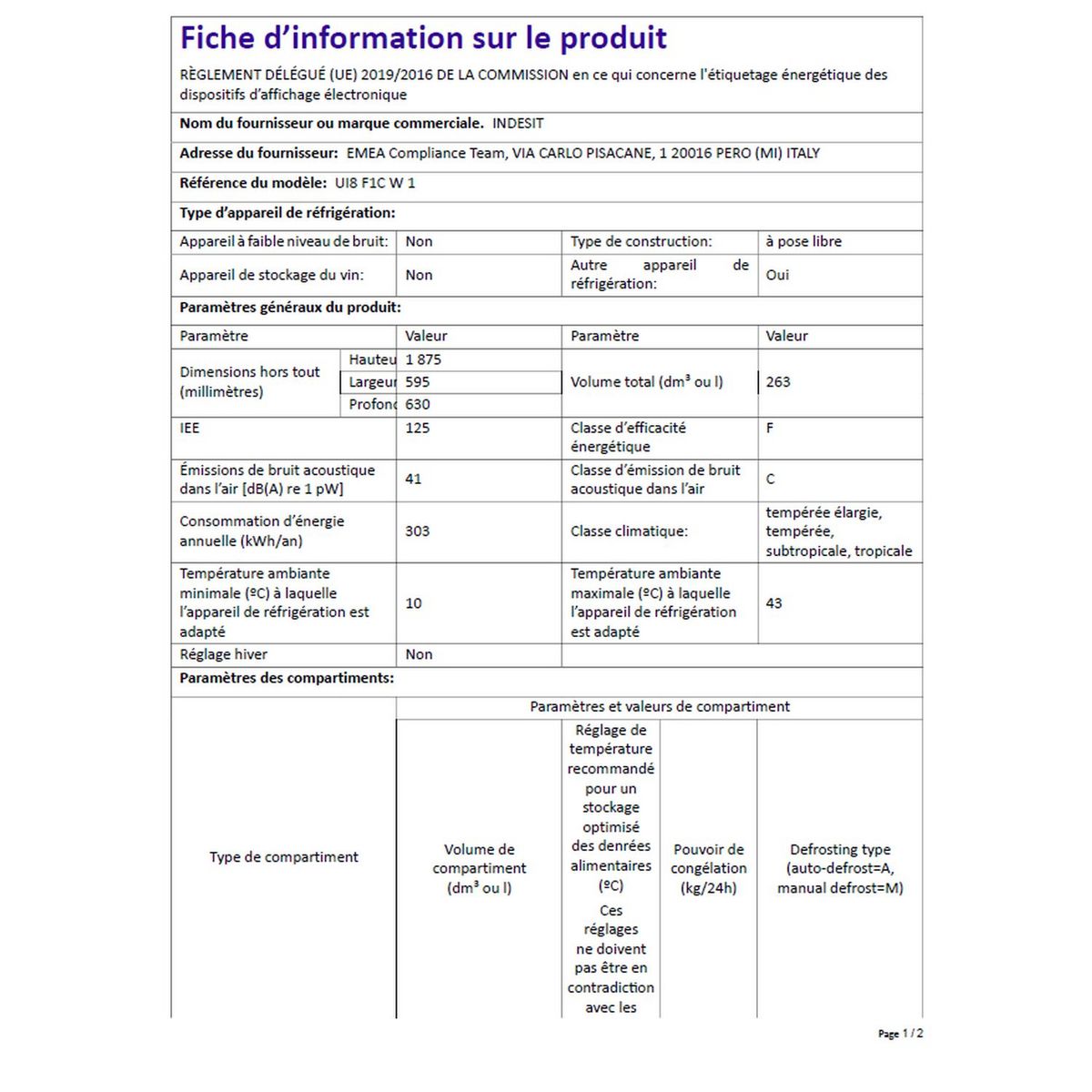 INDESIT Congélateur armoire UI8F1CW1, 263 L, Froid ventilé No Frost