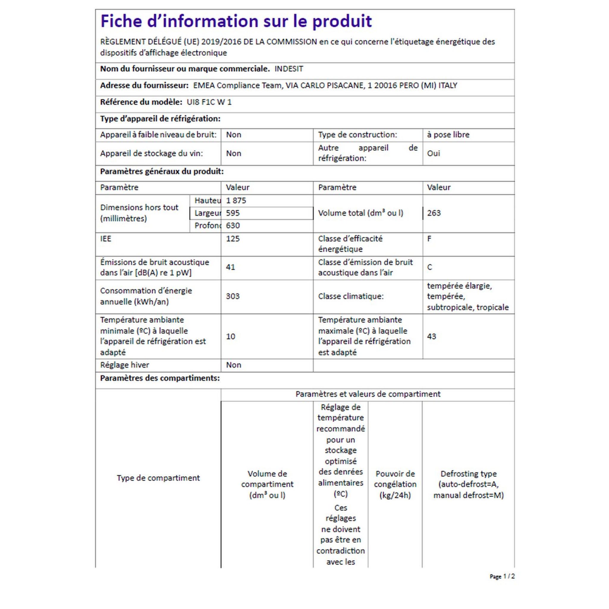 Voir la diapositive 4 : INDESIT Congélateur armoire UI8F1CW1, 263 L, Froid ventilé No Frost