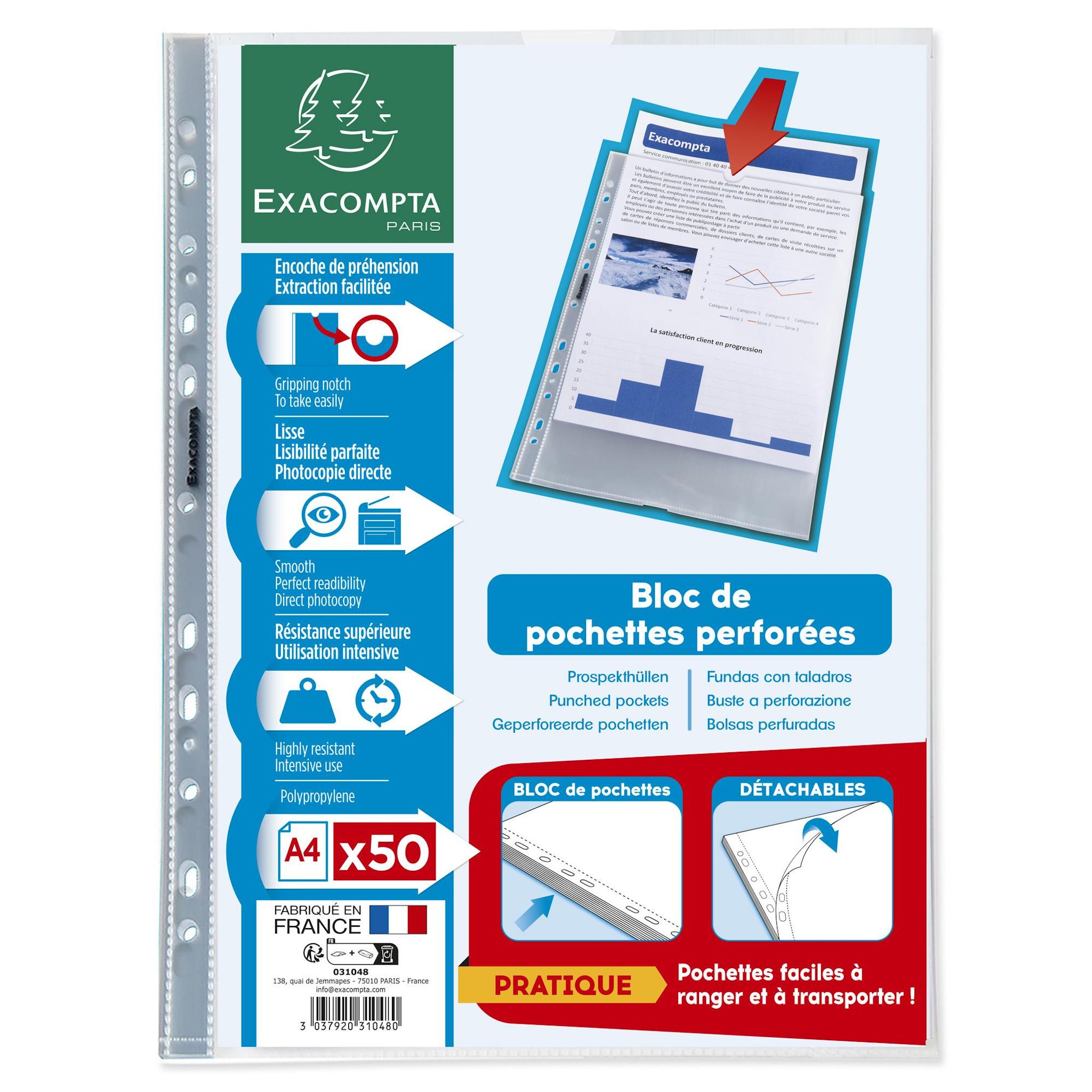 EXACOMPTA Bloc de 50 pochettes perforées en plastique transparentes lisses A4