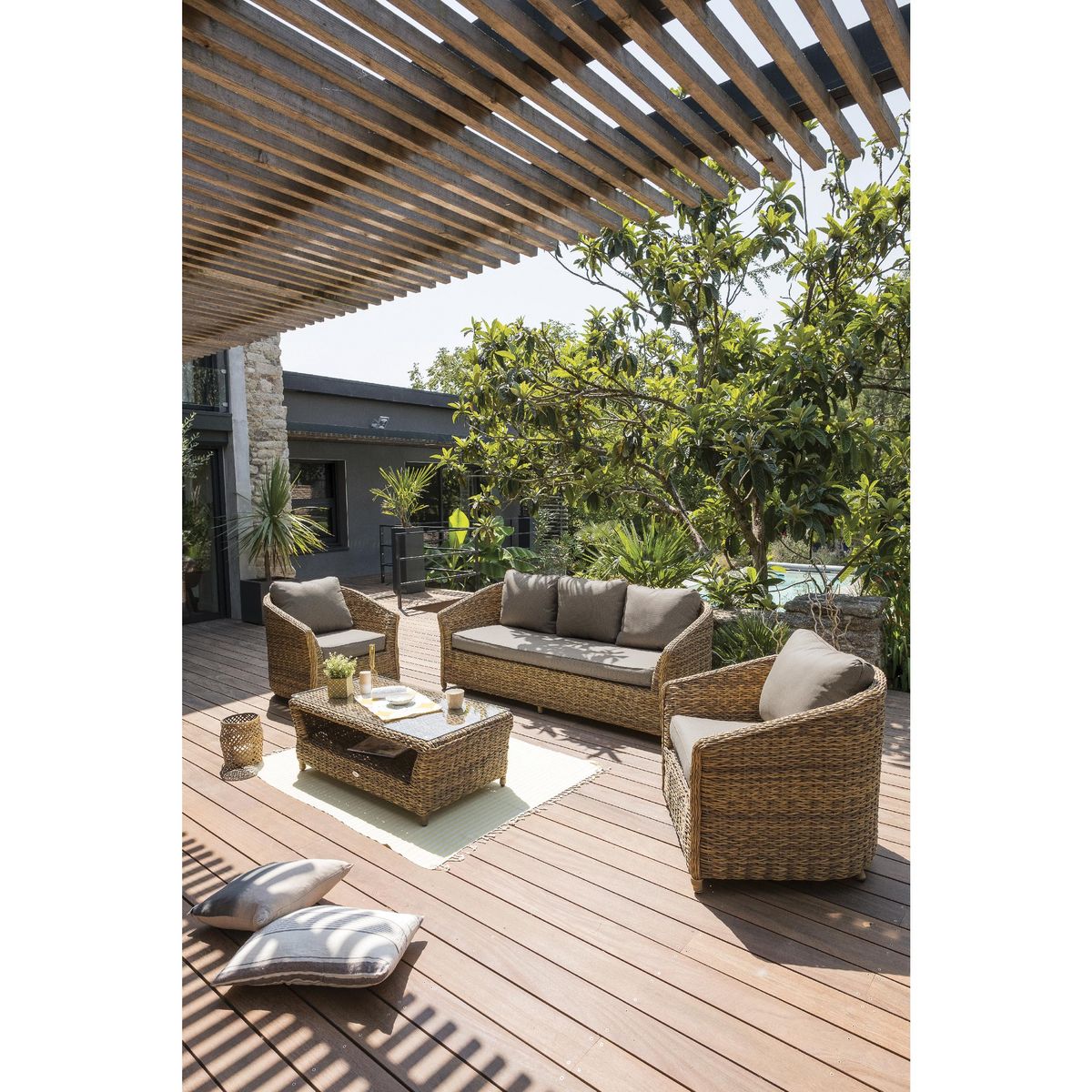 Salon bas de jardin - 5 places - Aluminium/Résine - Miel - HAVANA1 table basse + 1 canapé 3 personnes + 2 fauteuils