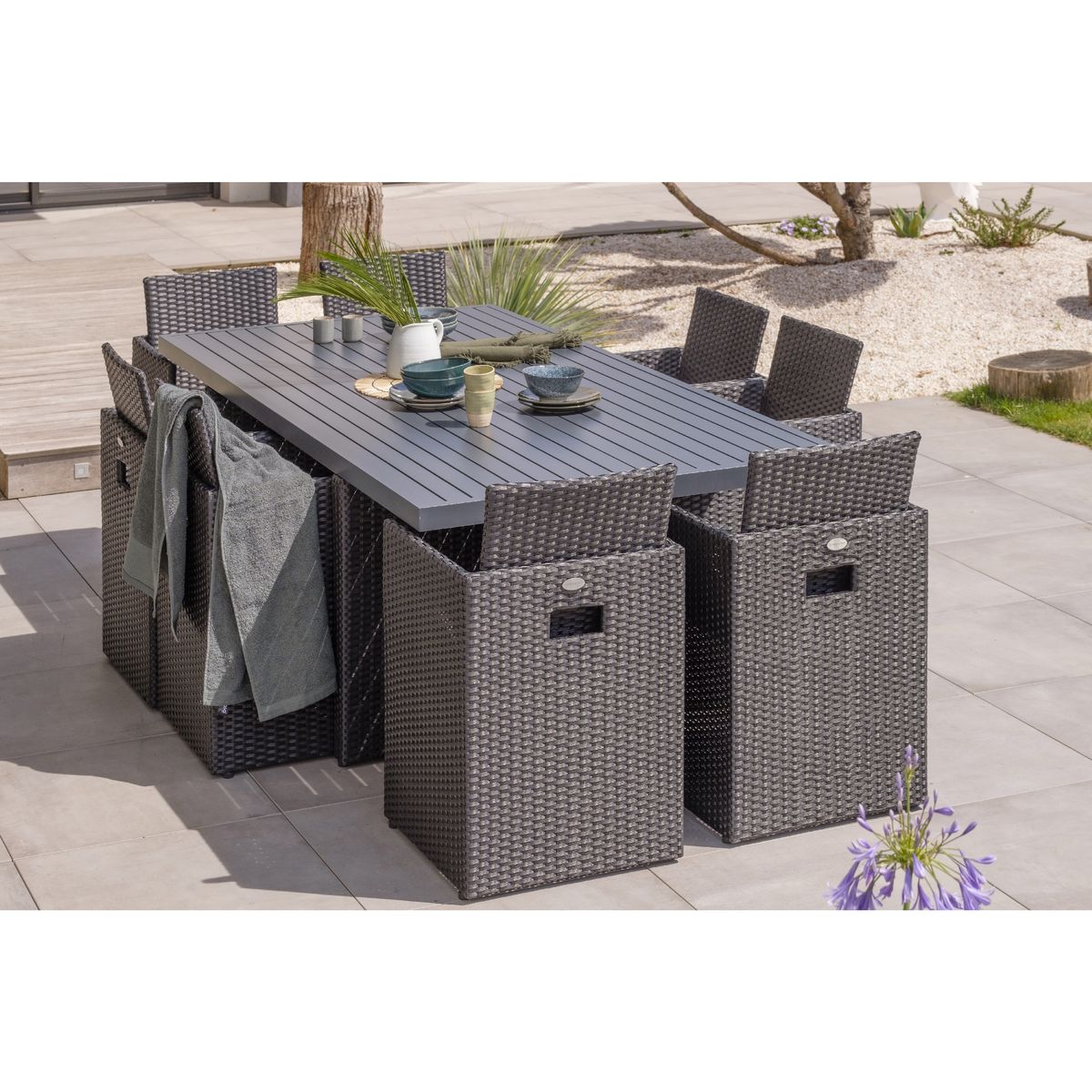 DCB GARDEN Salon de jardin encastrable - 8 places - Aluminium - Noir - GARDEN