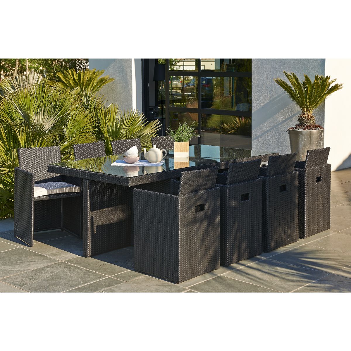 DCB GARDEN Salon de jardin encastrable - 8 places - PVC - Noir