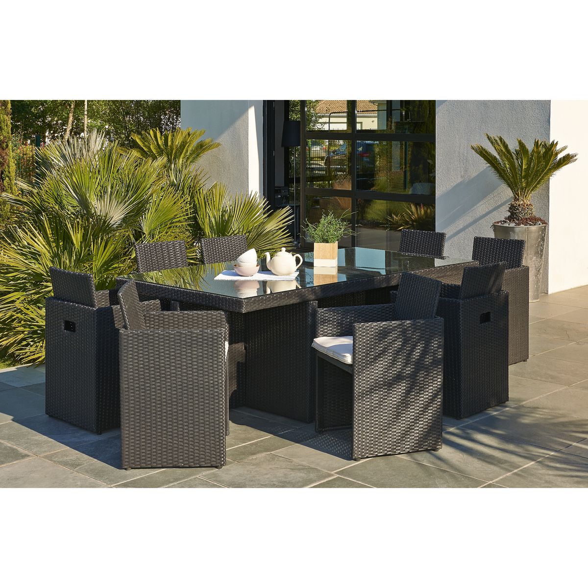 DCB GARDEN Salon de jardin encastrable - 8 places - PVC - Noir