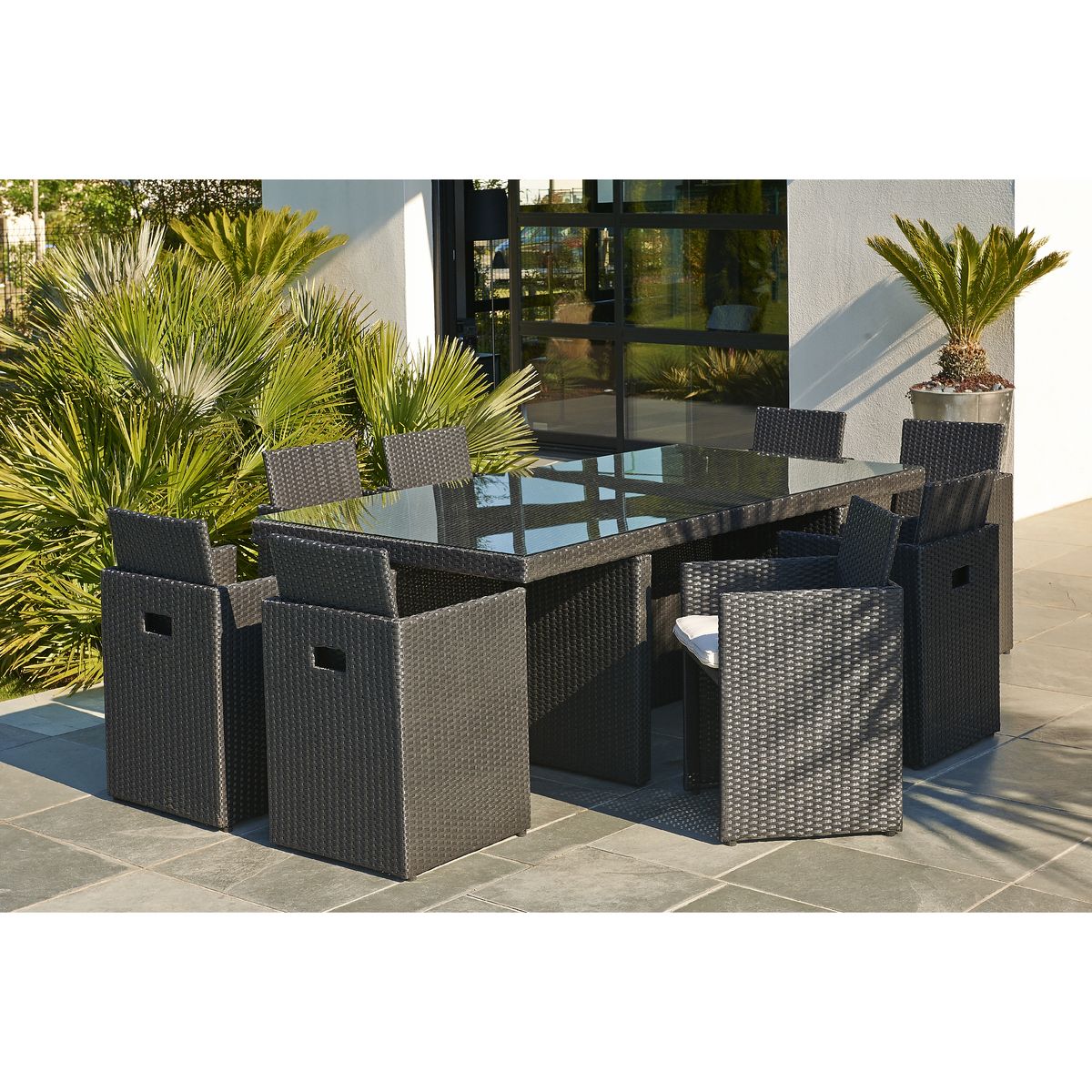 DCB GARDEN Salon de jardin encastrable - 8 places - PVC - Noir