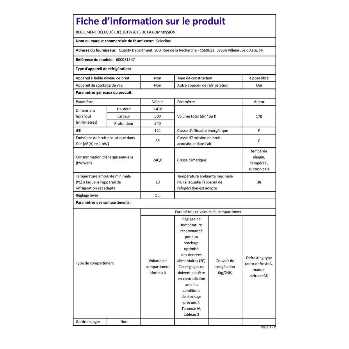 SELECLINE Réfrigérateur combiné 600081547, 170 L, Froid statique