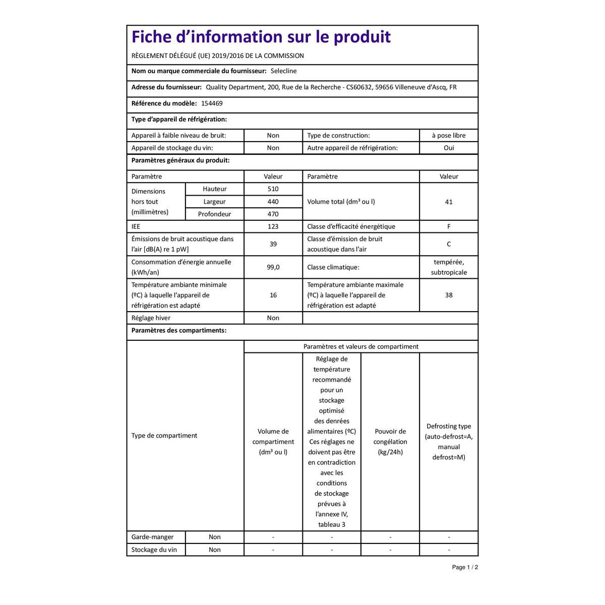 SELECLINE Réfrigérateur bar 154 469, 41 L, Froid statique