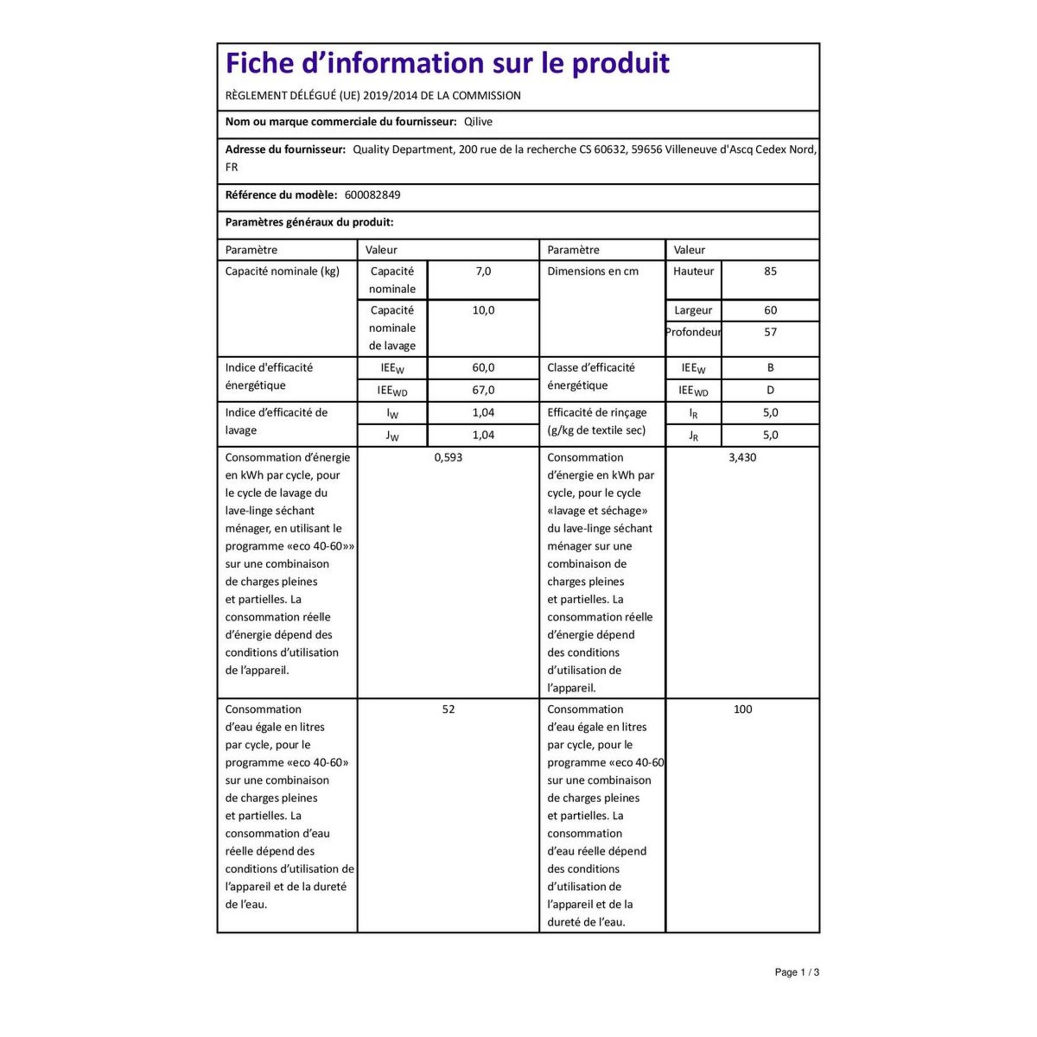 Voir la diapositive 7 : QILIVE Lave linge séchant hublot 600 082 849, 10 kg lavage, 7 kg séchage, 1500 T/min