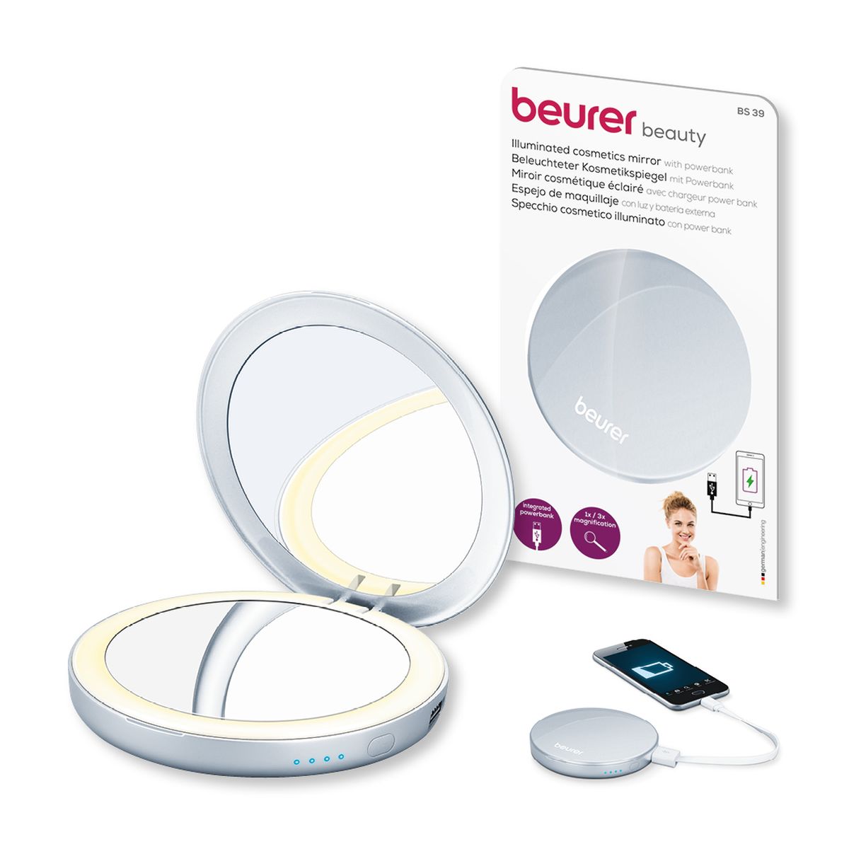 Voir la diapositive 2 : BEURER Miroir cosmétique éclairé Powerbank BS 39 - Blanc
