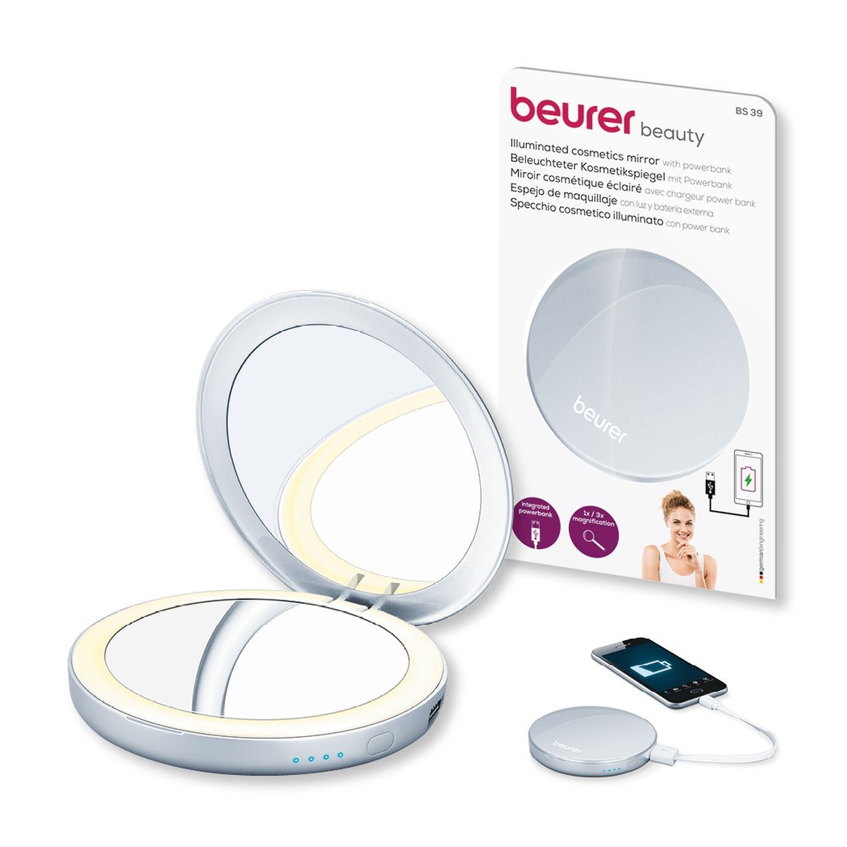 BEURER Miroir cosmétique éclairé Powerbank BS 39 - Blanc