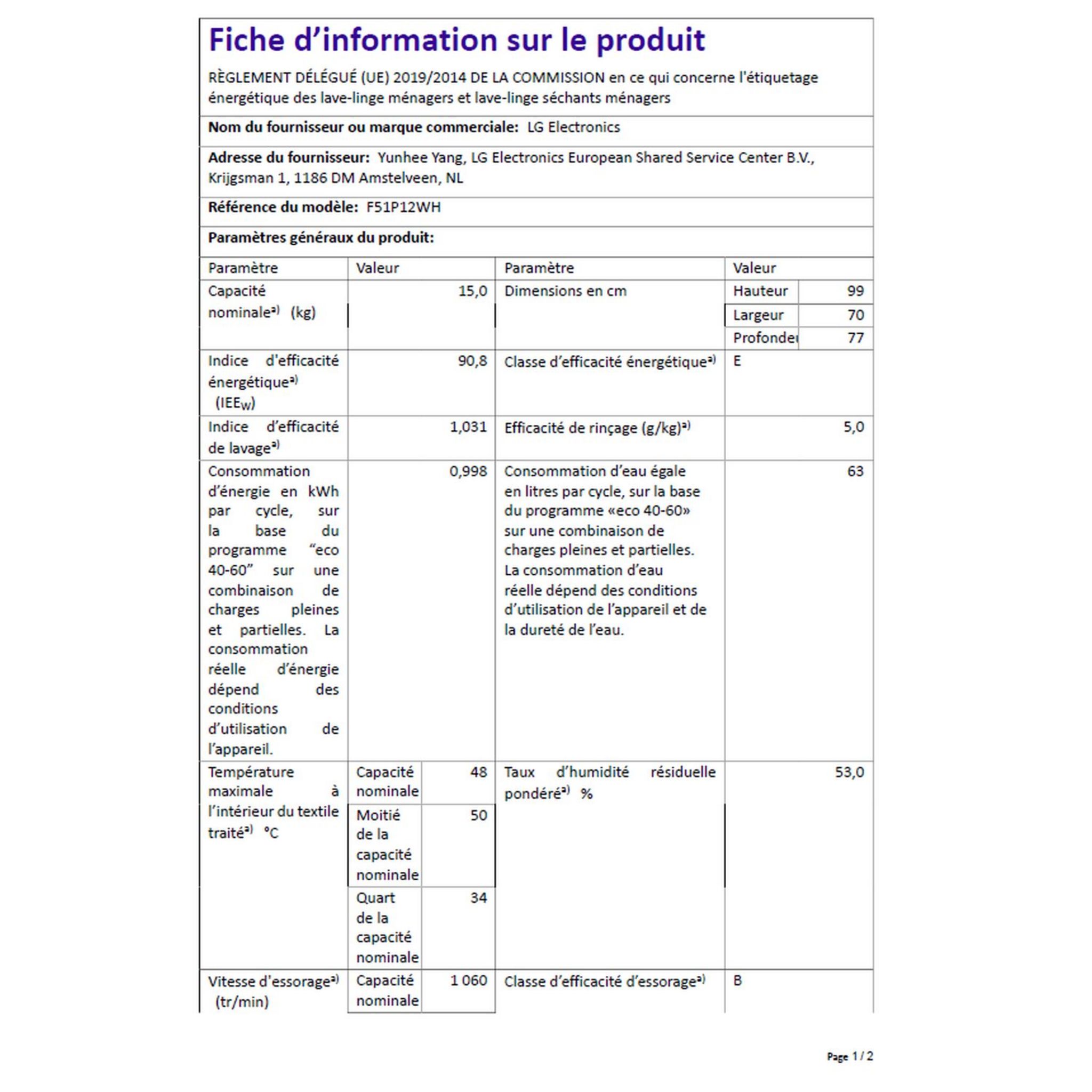 Voir la diapositive 5 : LG Lave linge hublot F51P12WH, 15 kg, 1100 T/min