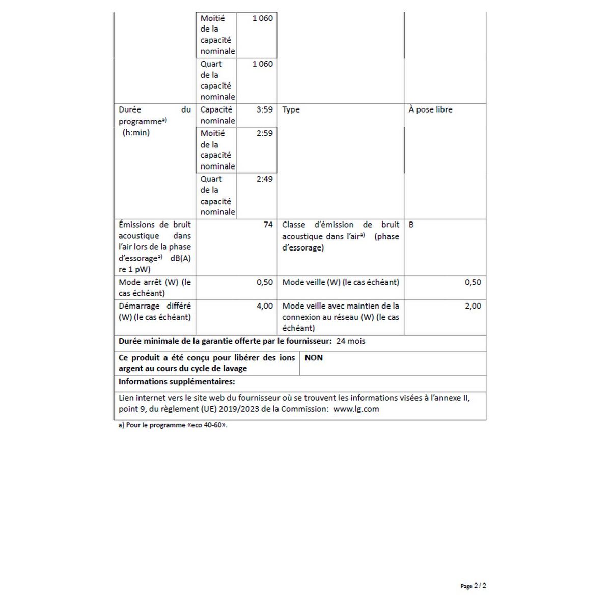 LG Lave linge hublot F51P12WH, 15 kg, 1100 T/min
