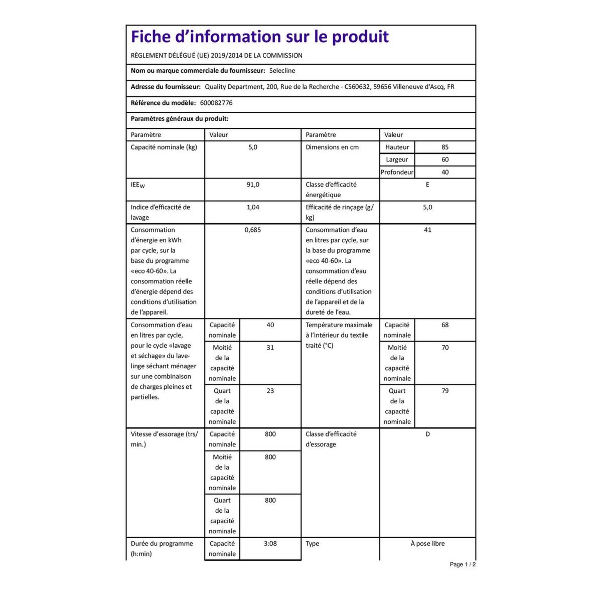 Voir la diapositive 4 : SELECLINE lave linge hublot 600082776, 5 kg, 800 T/min