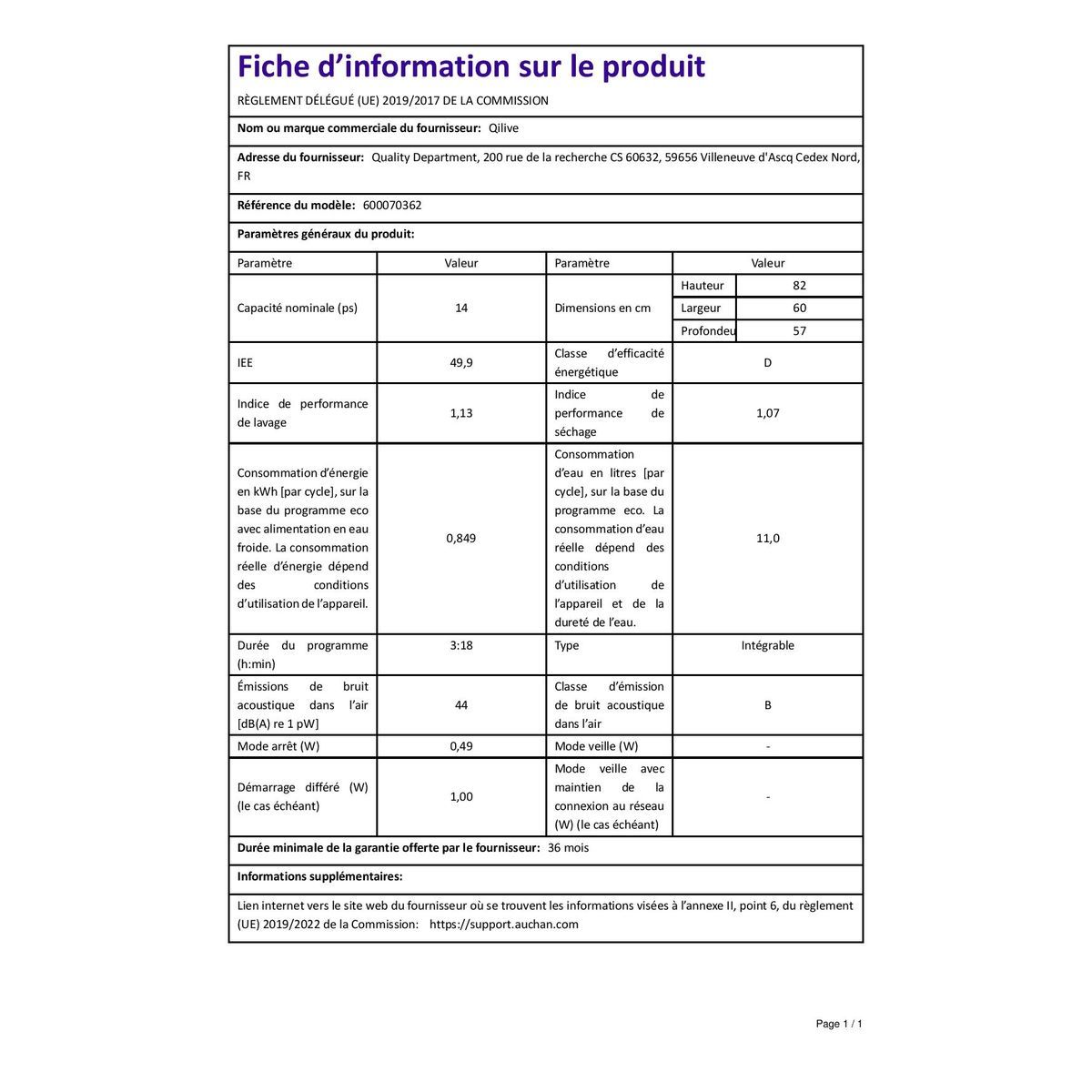 QILIVE Lave vaisselle semi-encastrable 600070362, 14 couverts, 60 cm, 44 dB, 8 programmes