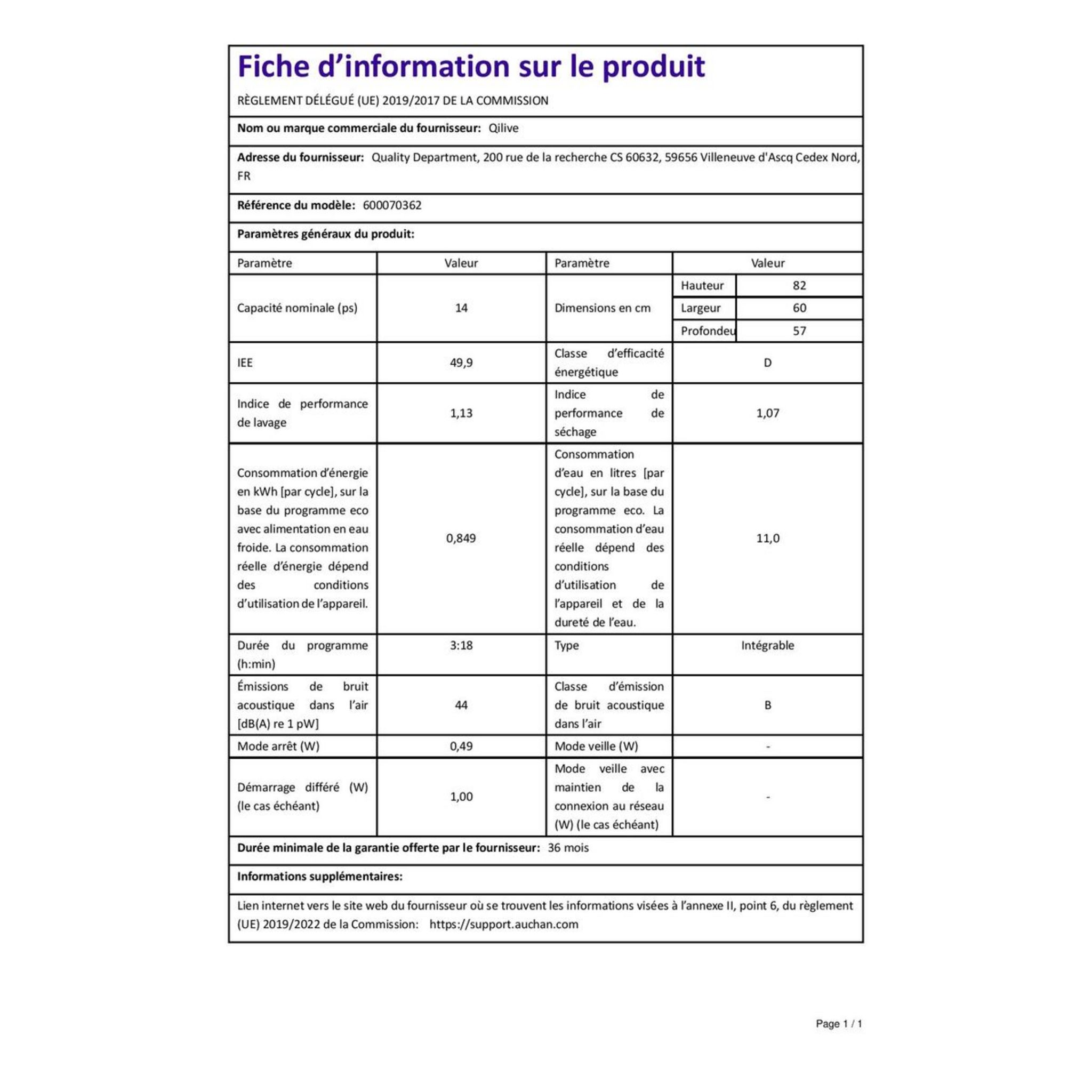 Voir la diapositive 4 : QILIVE Lave vaisselle semi-encastrable 600070362, 14 couverts, 60 cm, 44 dB, 8 programmes