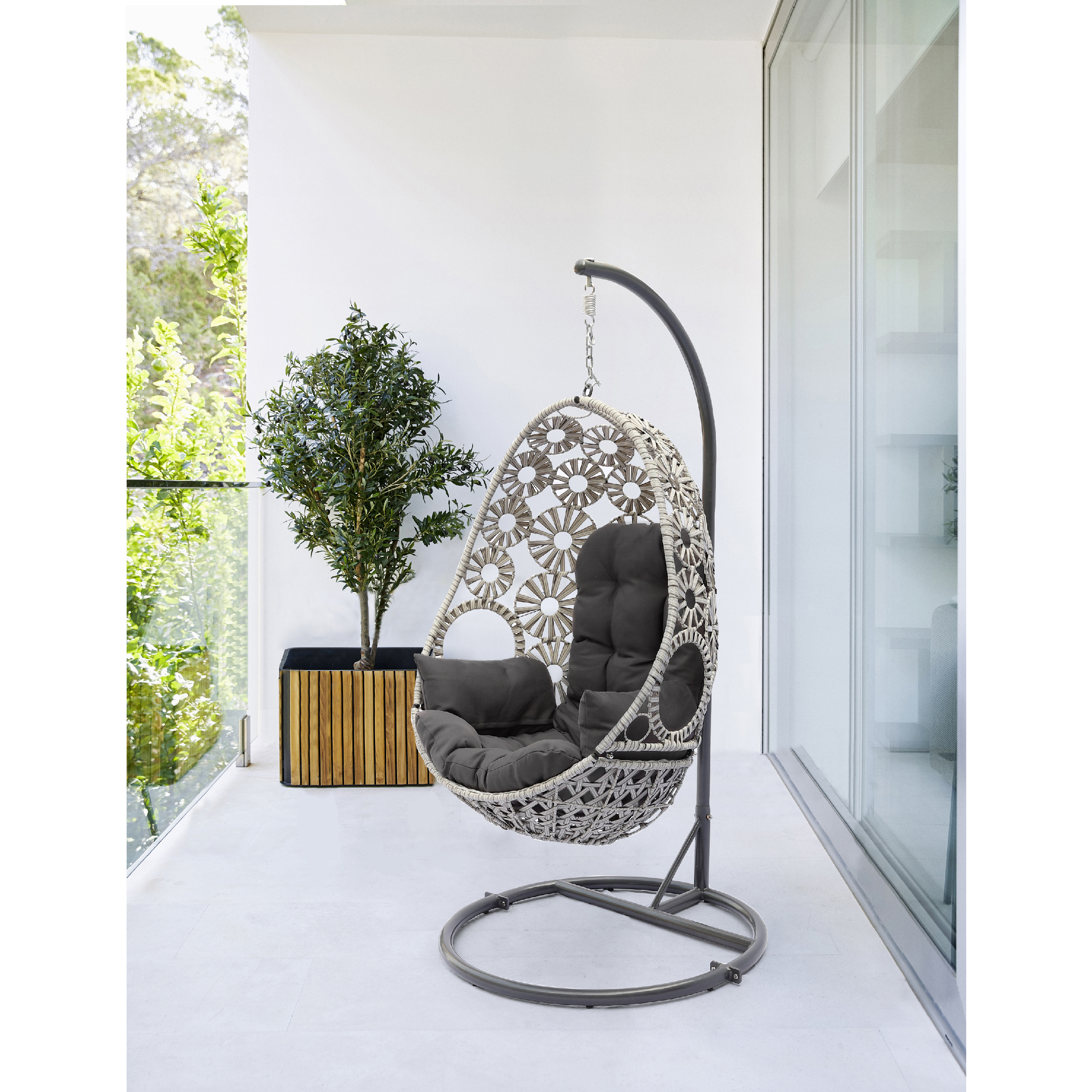 Voir la diapositive 5 : DCB GARDEN Balancelle de jardin SAMOA en résine tressée avec coussin gris anthracite - ECRU