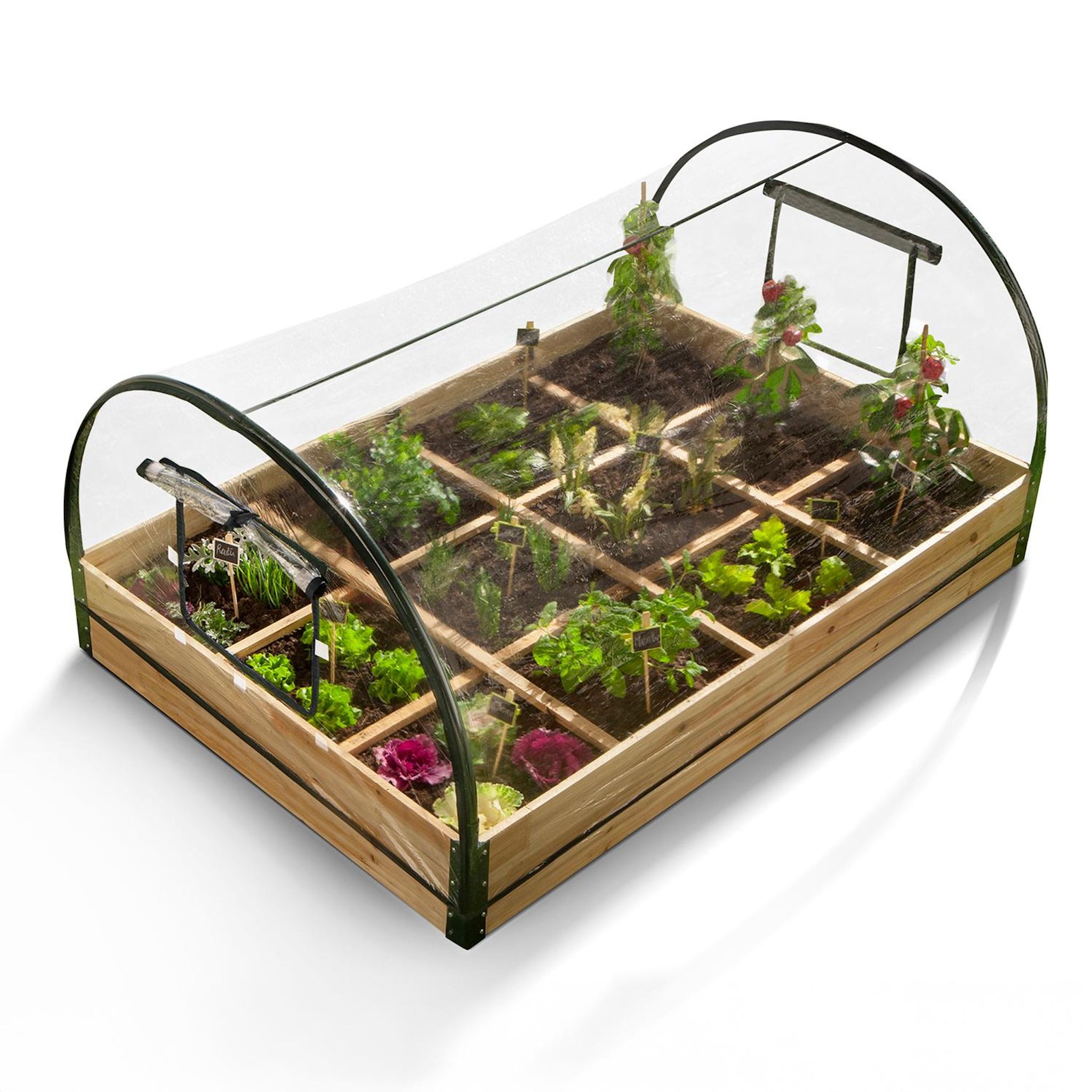 Voir la diapositive 1 : JARDIKT Carré potager avec serre - Bois et PVC - 12 compartiments 115x80xH54 cm