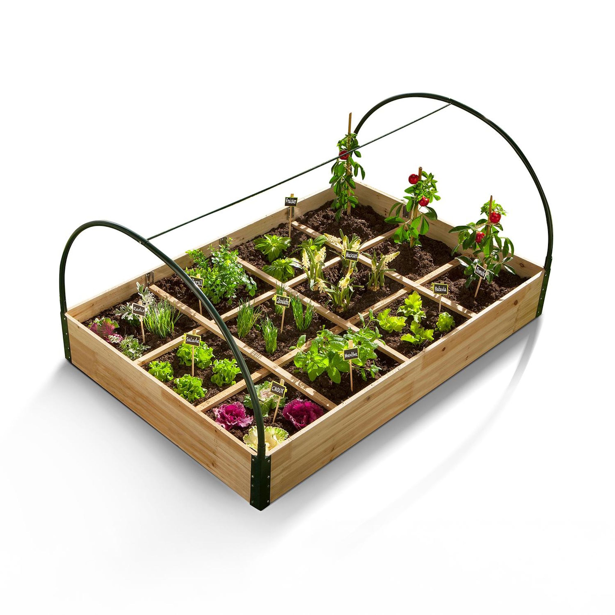 Voir la diapositive 2 : JARDIKT Carré potager avec serre - Bois et PVC - 12 compartiments 115x80xH54 cm