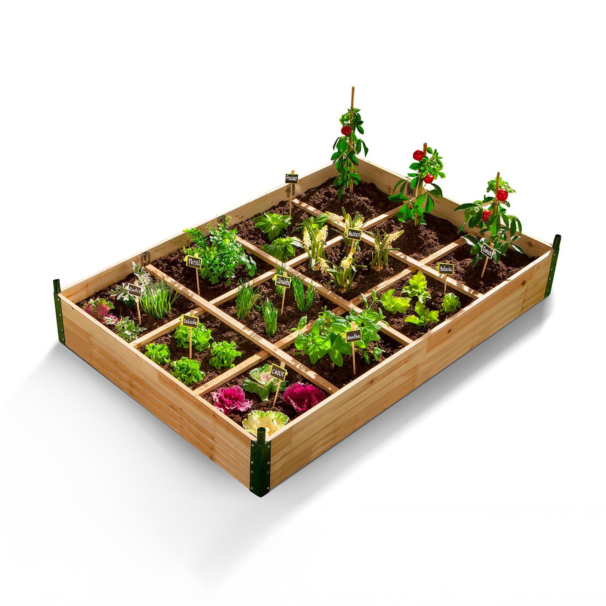 Voir la diapositive 3 : JARDIKT Carré potager avec serre - Bois et PVC - 12 compartiments 115x80xH54 cm