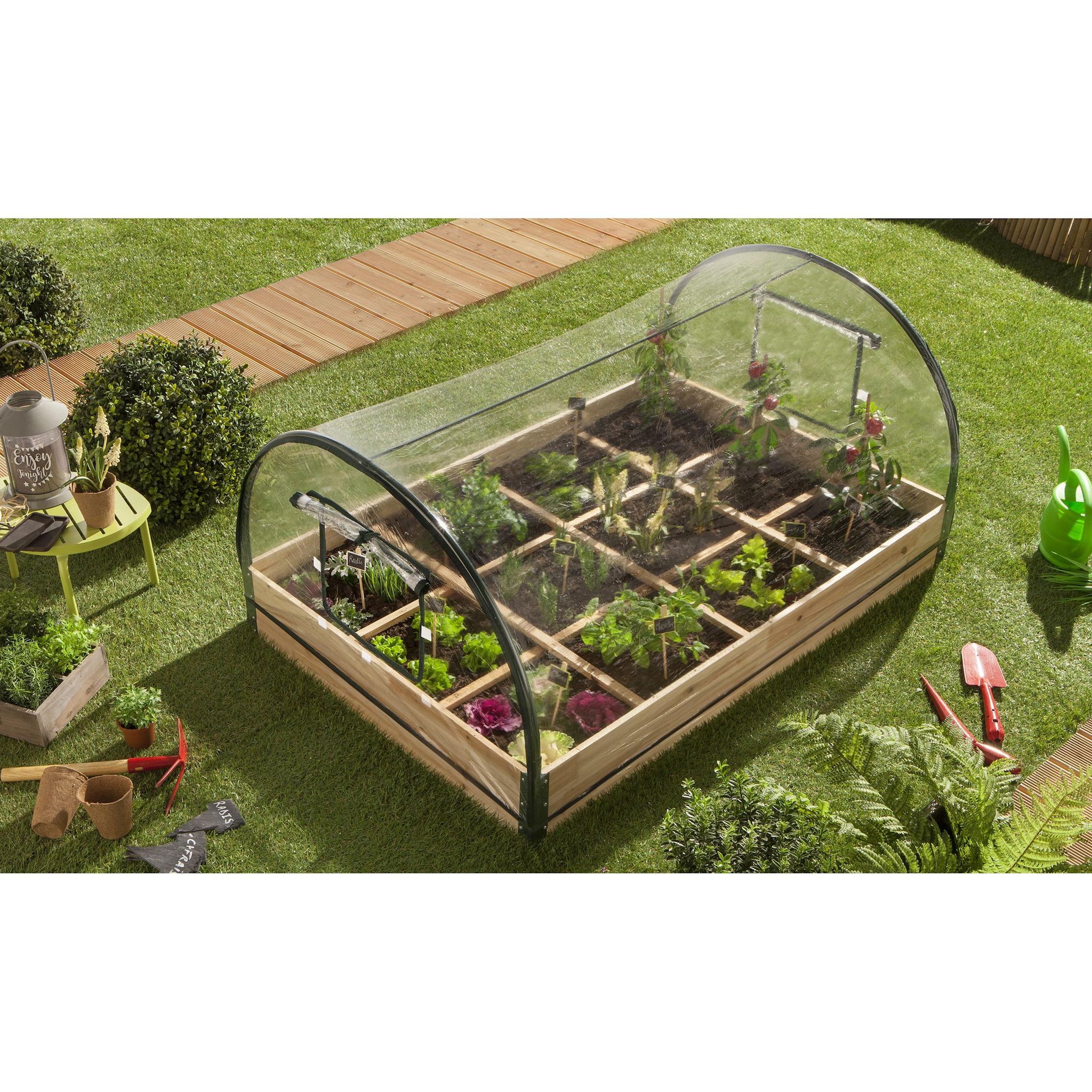 Voir la diapositive 4 : JARDIKT Carré potager avec serre - Bois et PVC - 12 compartiments 115x80xH54 cm