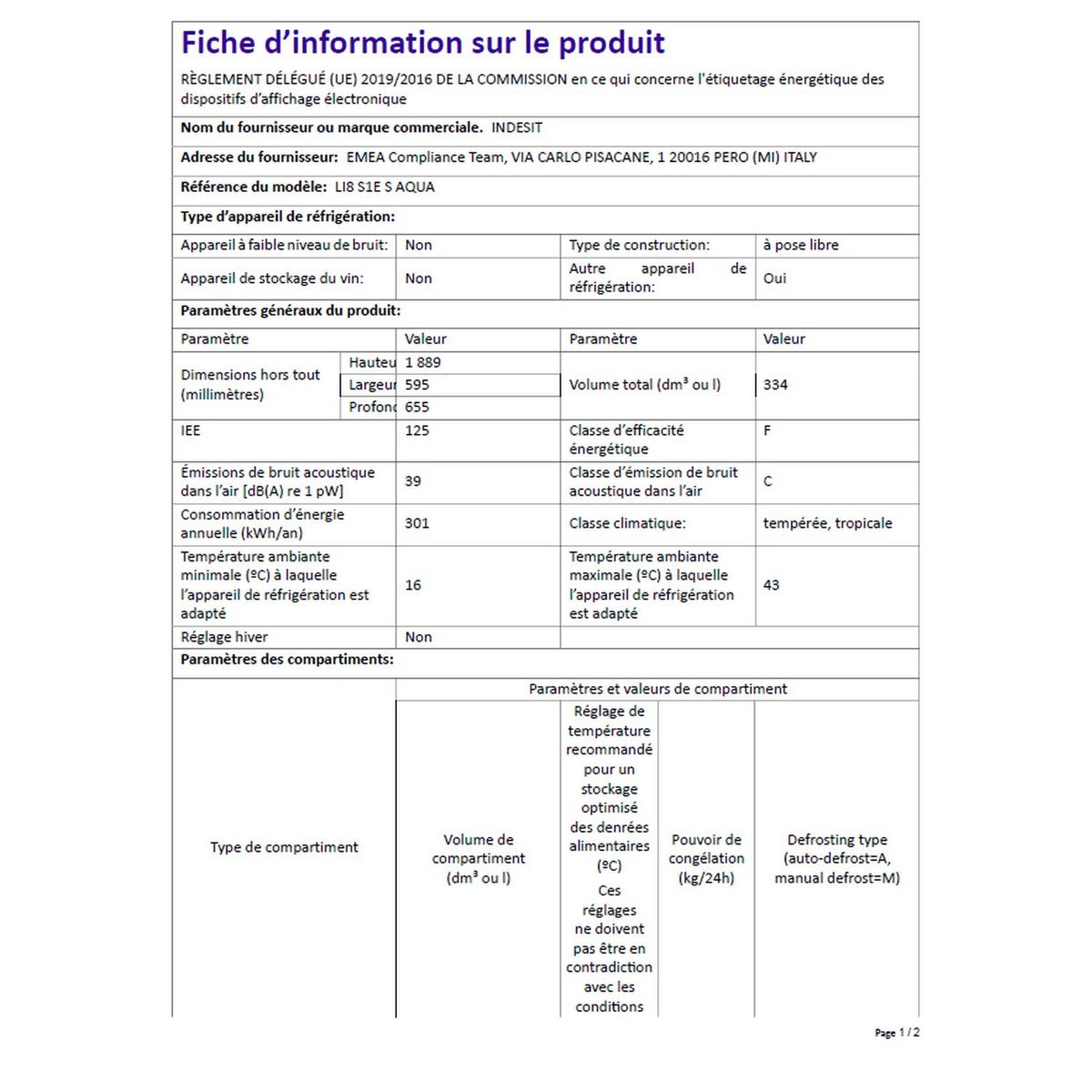 INDESIT Réfrigérateur combiné LI8S1ESAQUA, 334 L, Froid statique, F