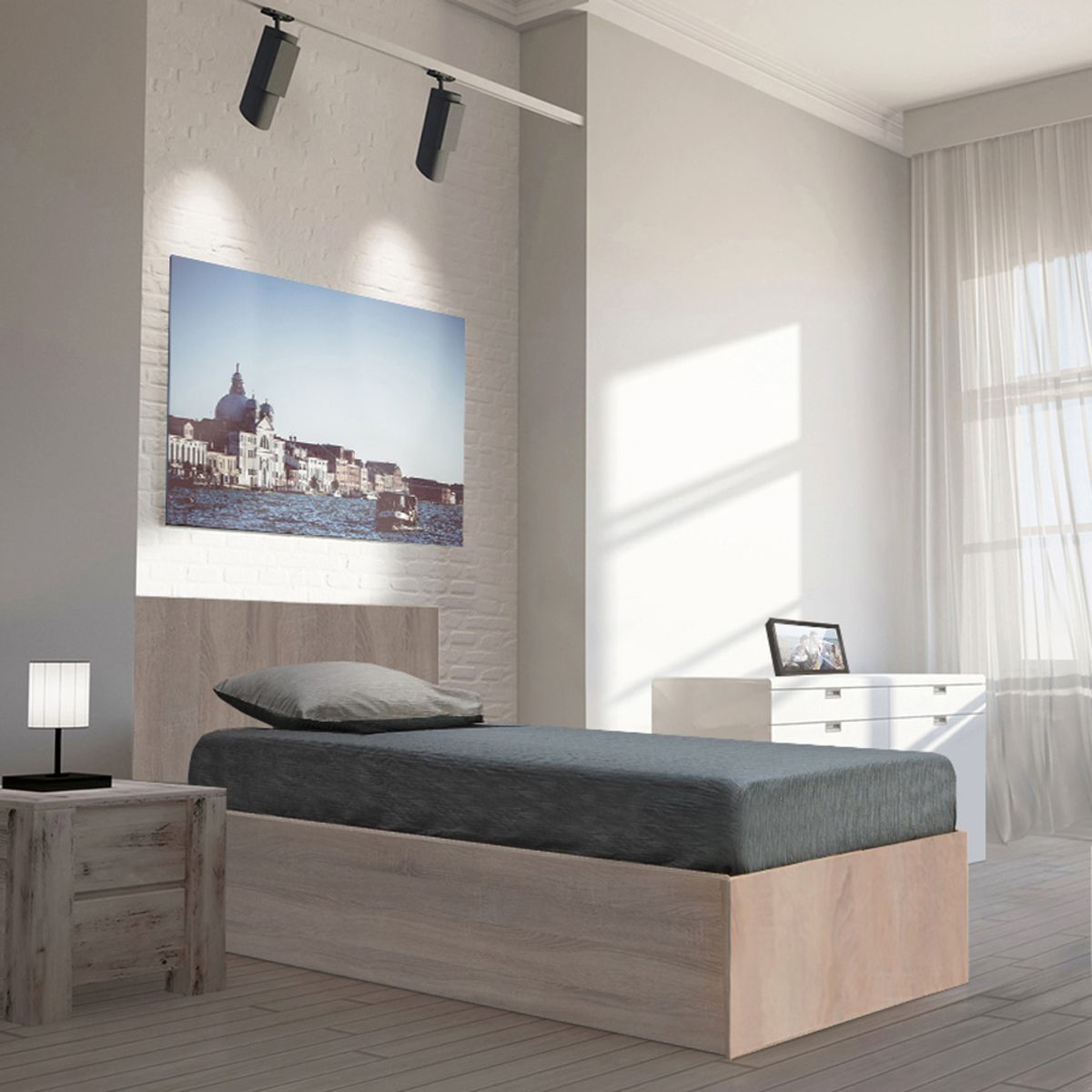 Lit coffre avec sommier relevable et tête de lit 90x190 cm MADRID