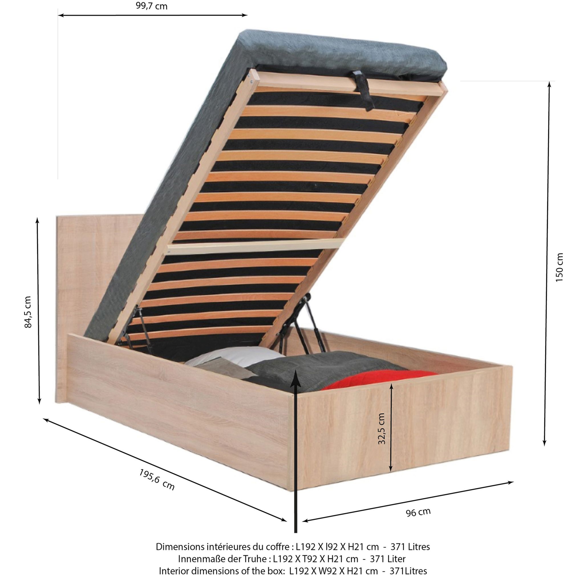 Voir la diapositive 4 : Lit coffre avec sommier relevable et tête de lit 90x190 cm MADRID