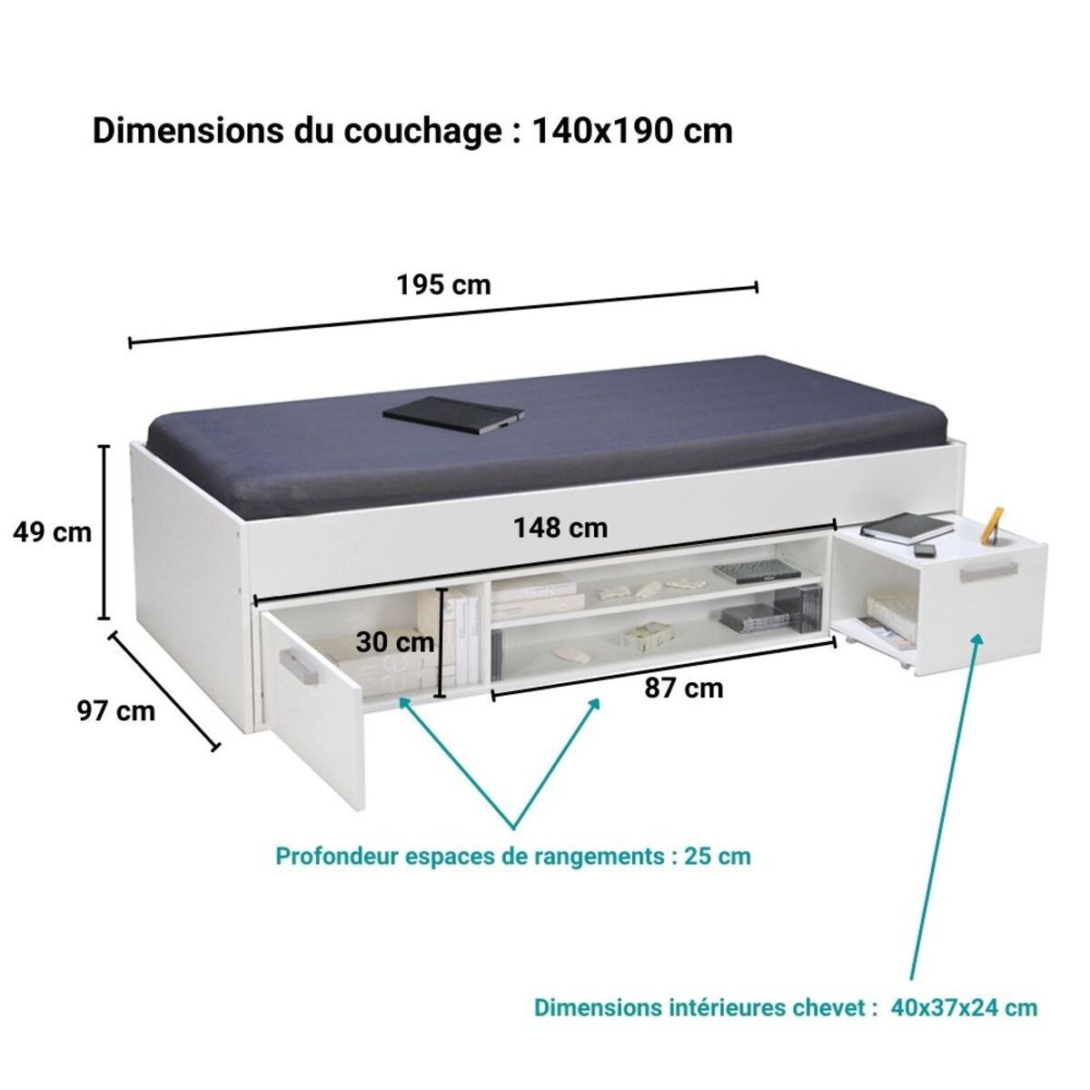 Lit enfant TEDY pour couchage 90x190cm avec chevet et rangements