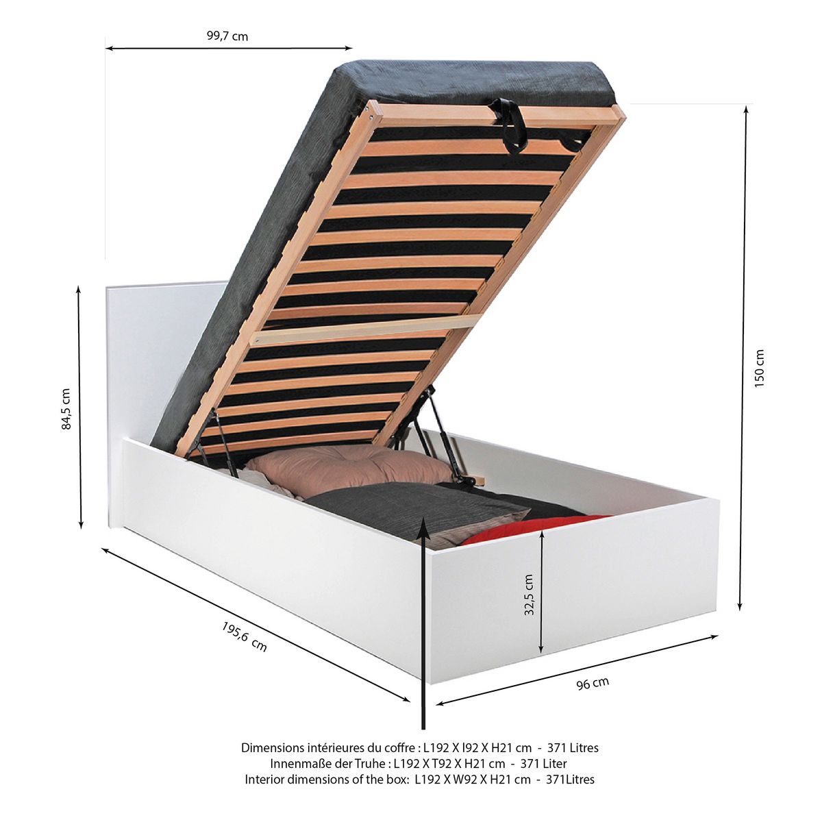 Lit coffre avec sommier relevable et tête de lit 90x190 cm MADRID