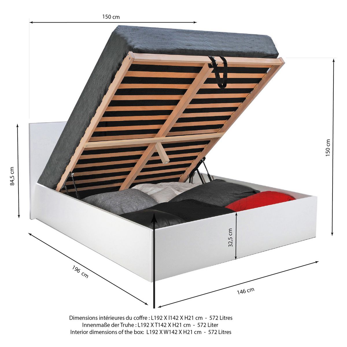 Lit coffre avec sommier relevable et tête de lit 140x190 cm MADRID