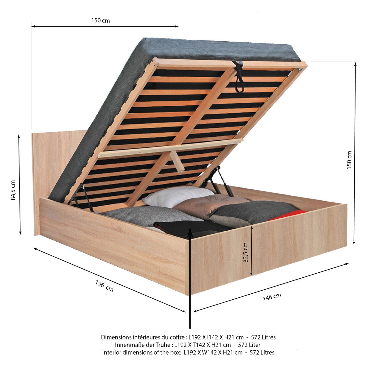 Lit coffre avec sommier relevable et tête de lit 140x190 cm MADRID