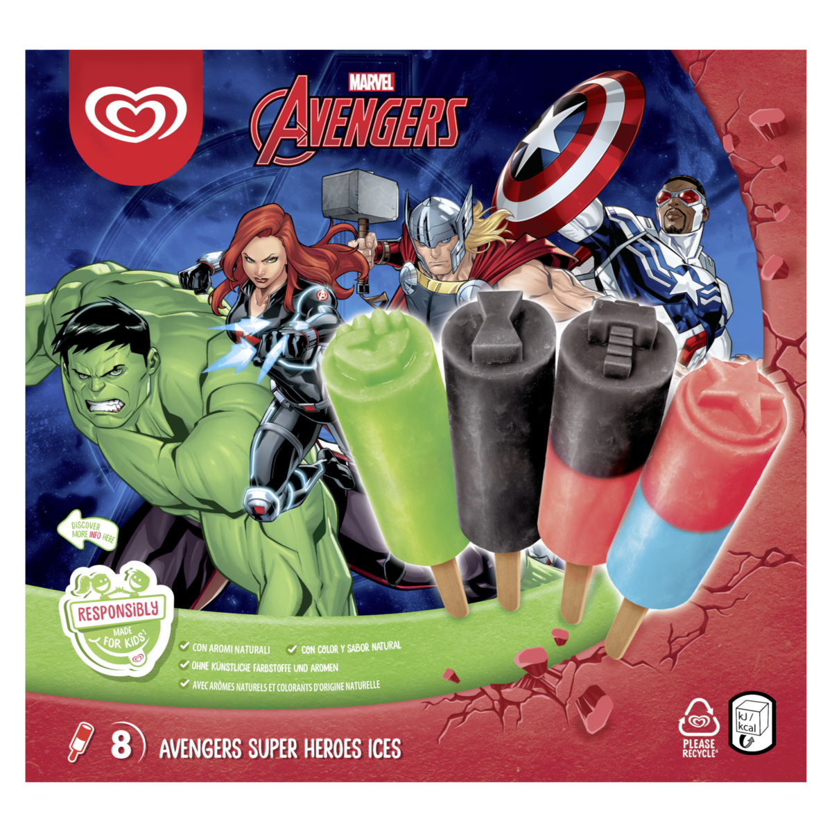 MIKO Glace à l'eau à l'arôme des fruits rouges et citron Avengers 8 pièces 512g