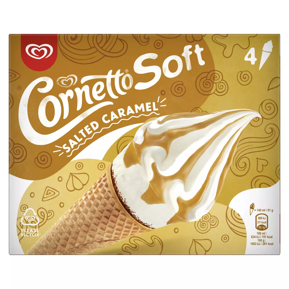 CORNETTO Glace à l'italienne vanille caramel salé 4 pièces 324g