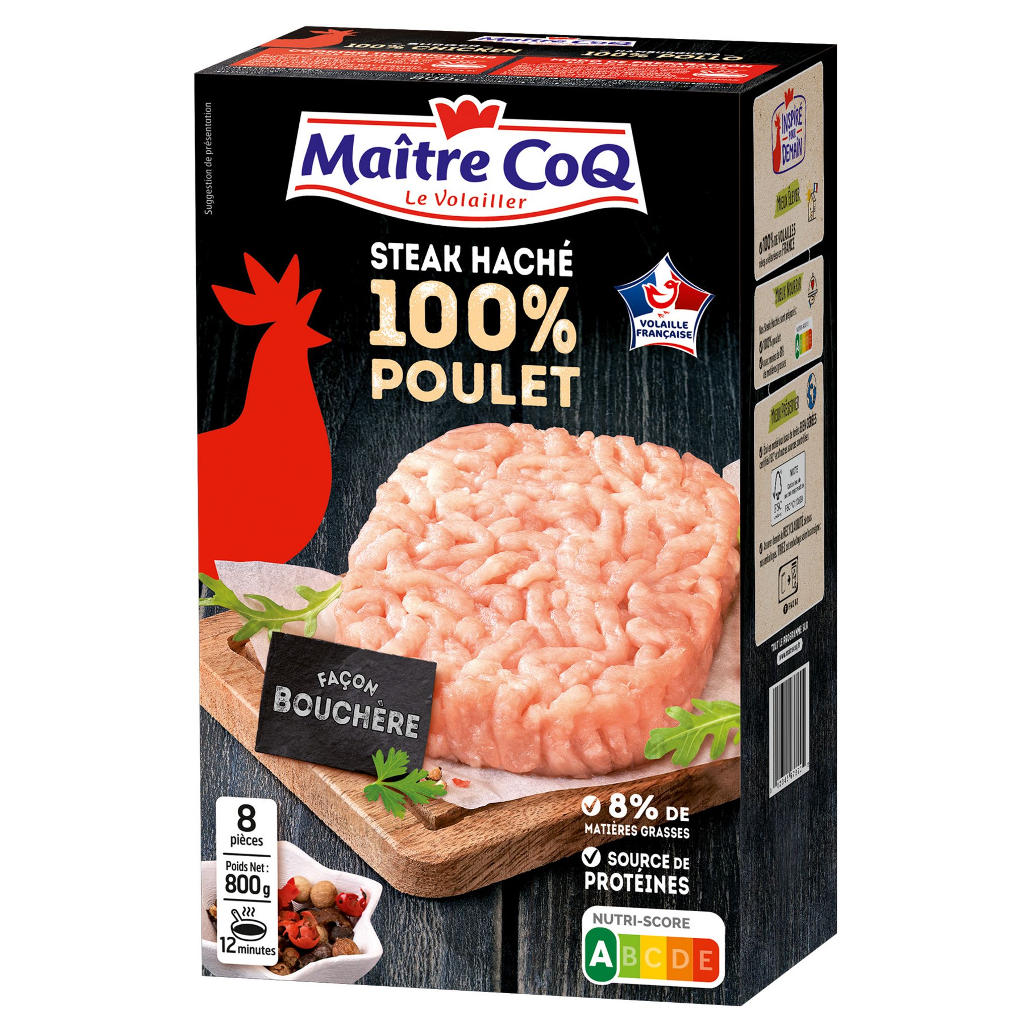 Voir la diapositive 2 : MAITRE COQ Steak haché de poulet 8 pièces 800g