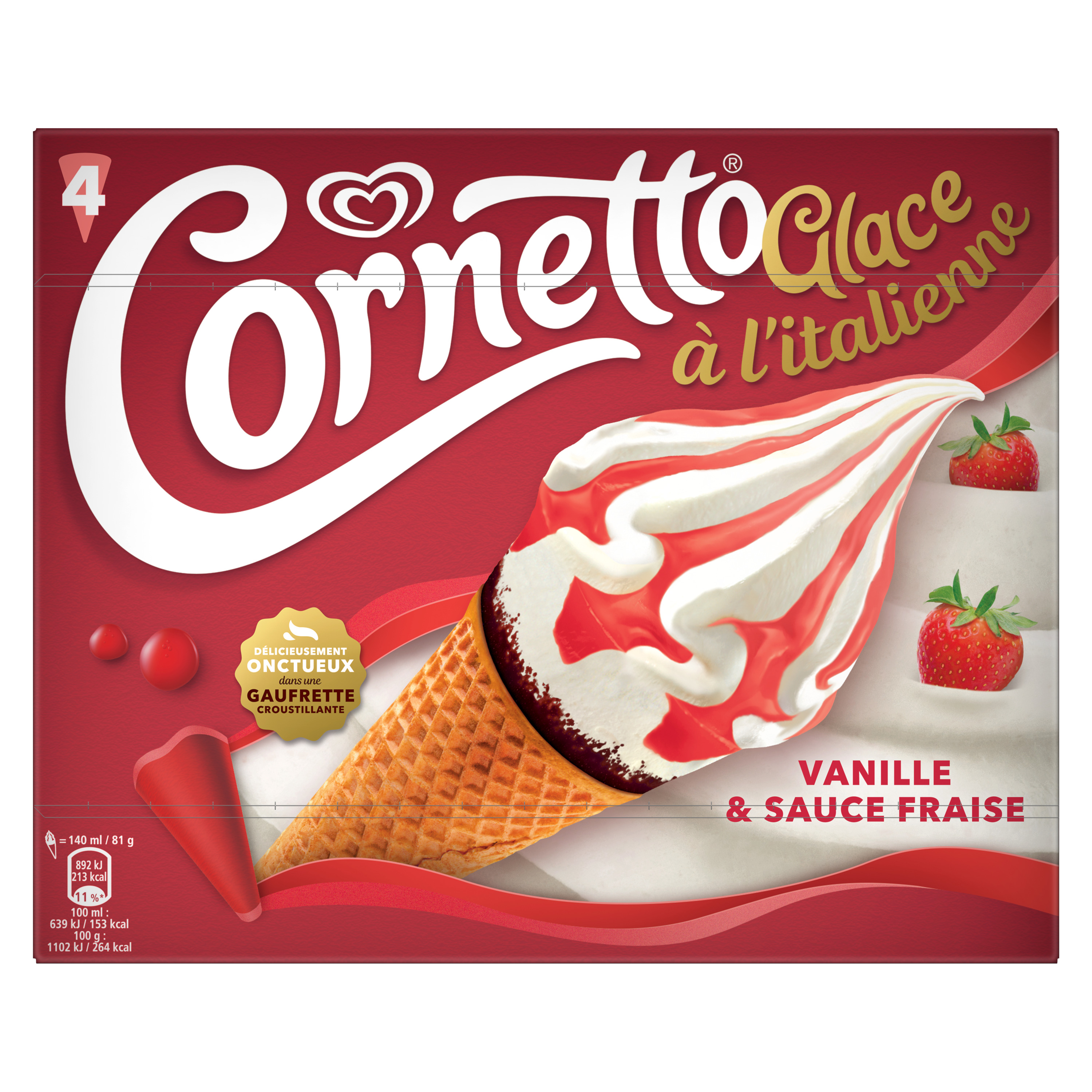 Voir la diapositive 2 : CORNETTO Glace à l'italienne vanille fraise 4 pièces 324g