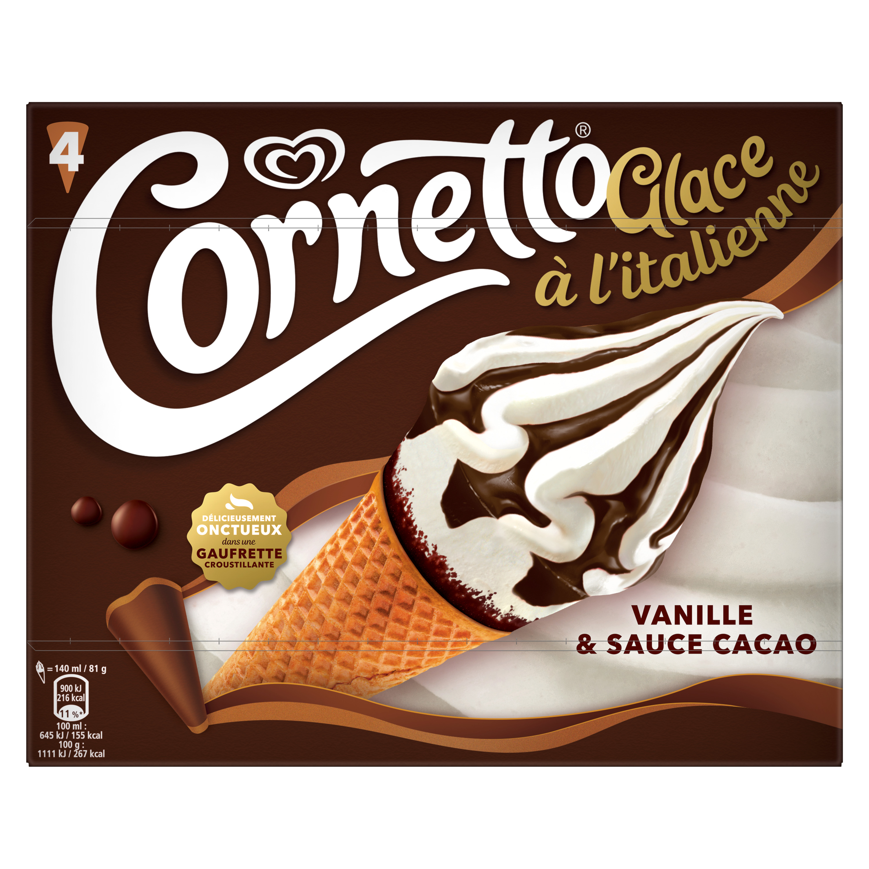 Voir la diapositive 2 : CORNETTO Glace à l'italienne vanille et cacao 4 pièces 324g
