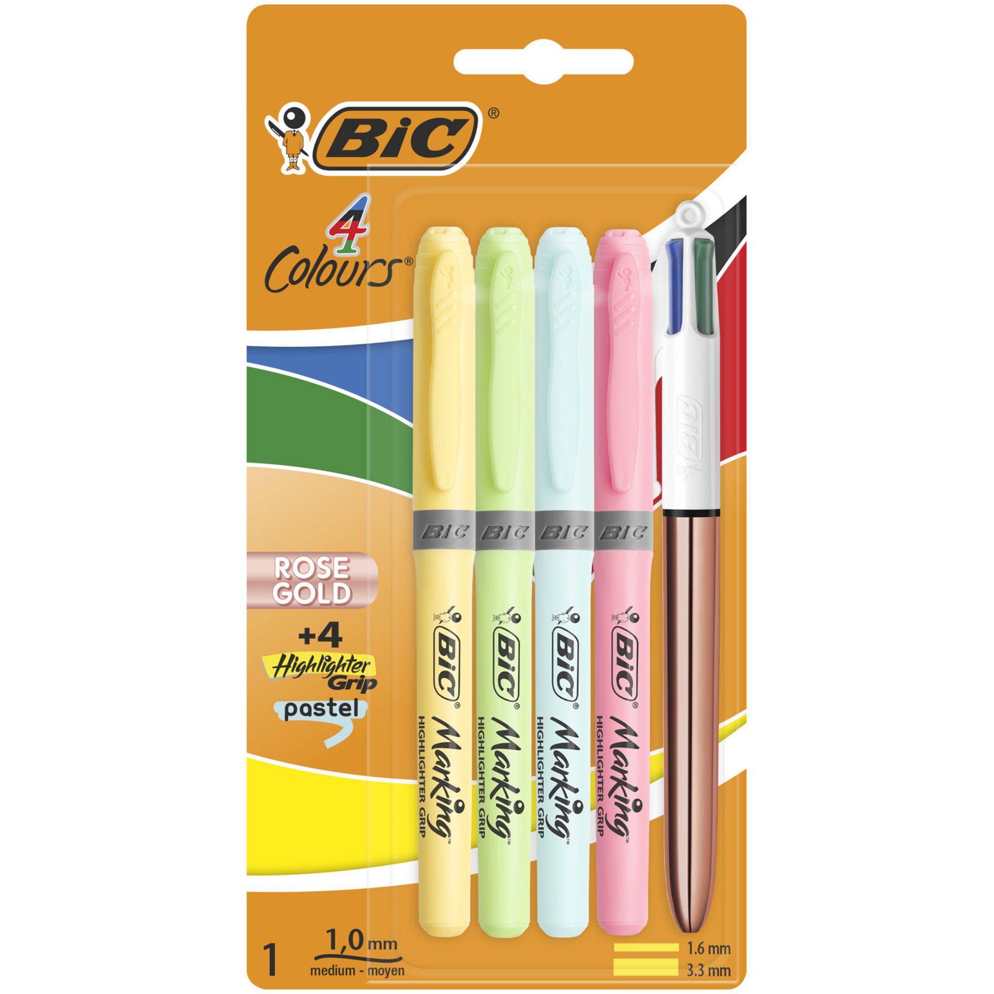 BIC Lot de 4 surligneurs pastel + 1 stylo bille 4 couleurs rétractable rose gold