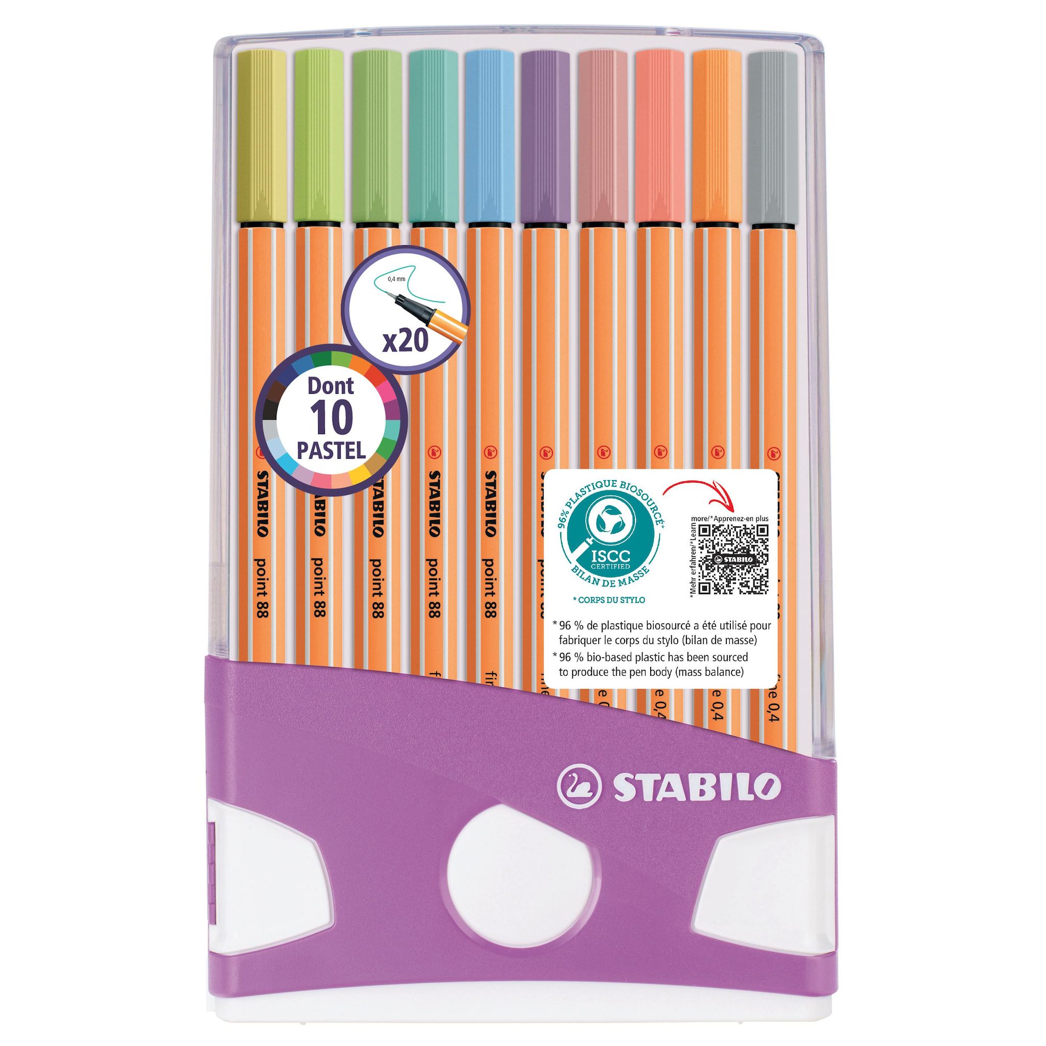 STABILO Pochette de 20 stylos feutres point 88 dont 10 Pastel trace 0.4mm pointe fine