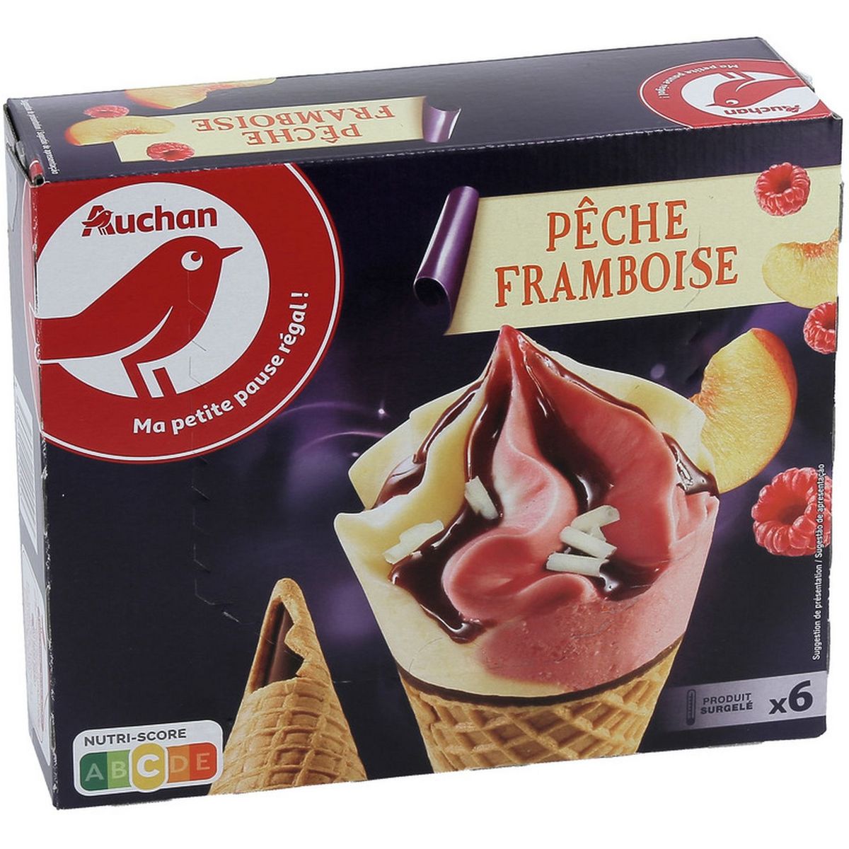 AUCHAN Sorbet pêche et  framboise 6 cônes  431g