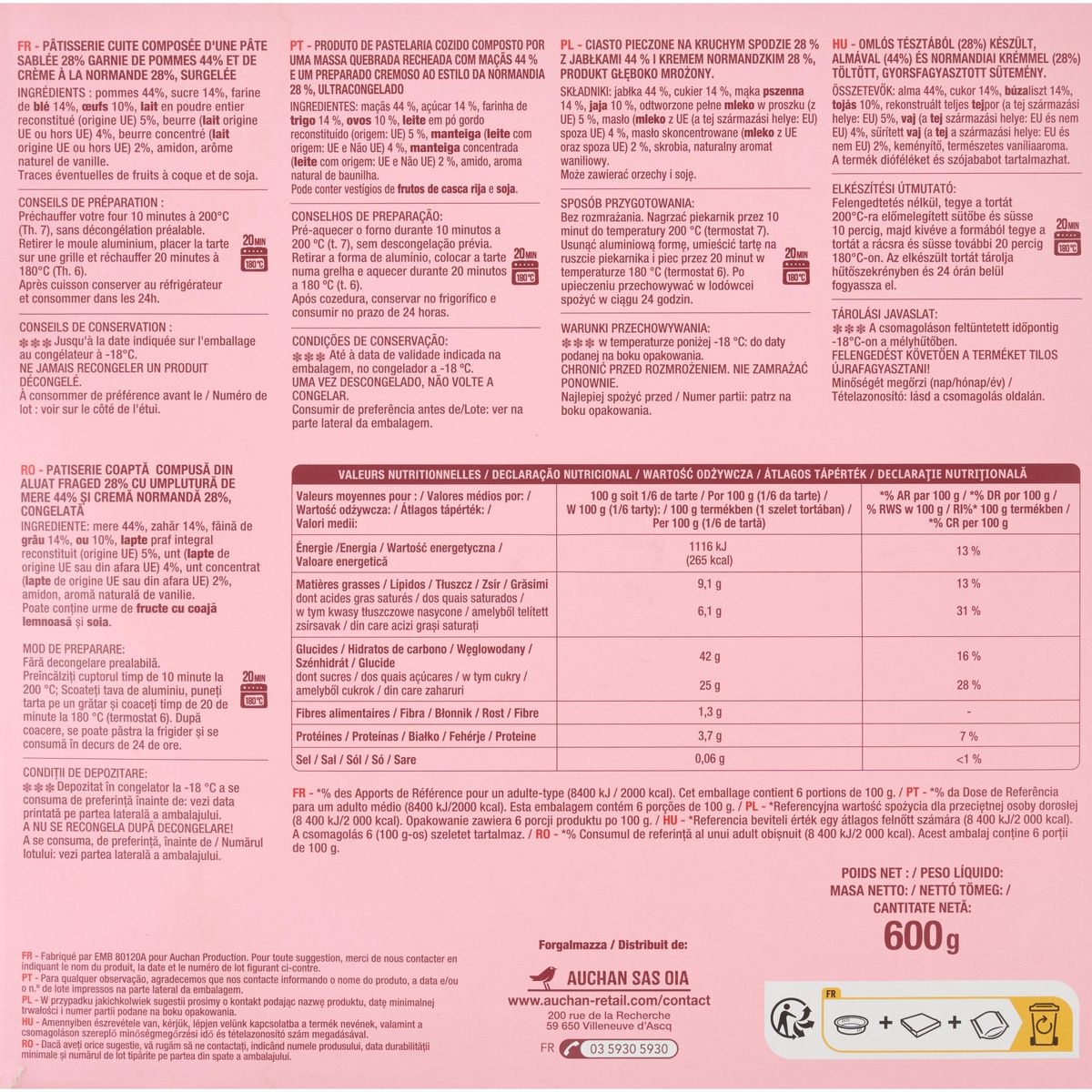 AUCHAN Tarte normande 6 parts 600g