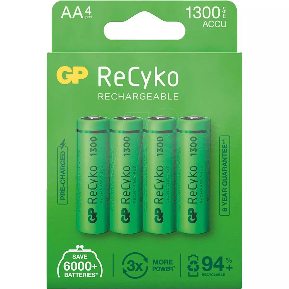 GP Blister 4 piles rechargeables ReCyko+ AA 1300MAH - Vert pas