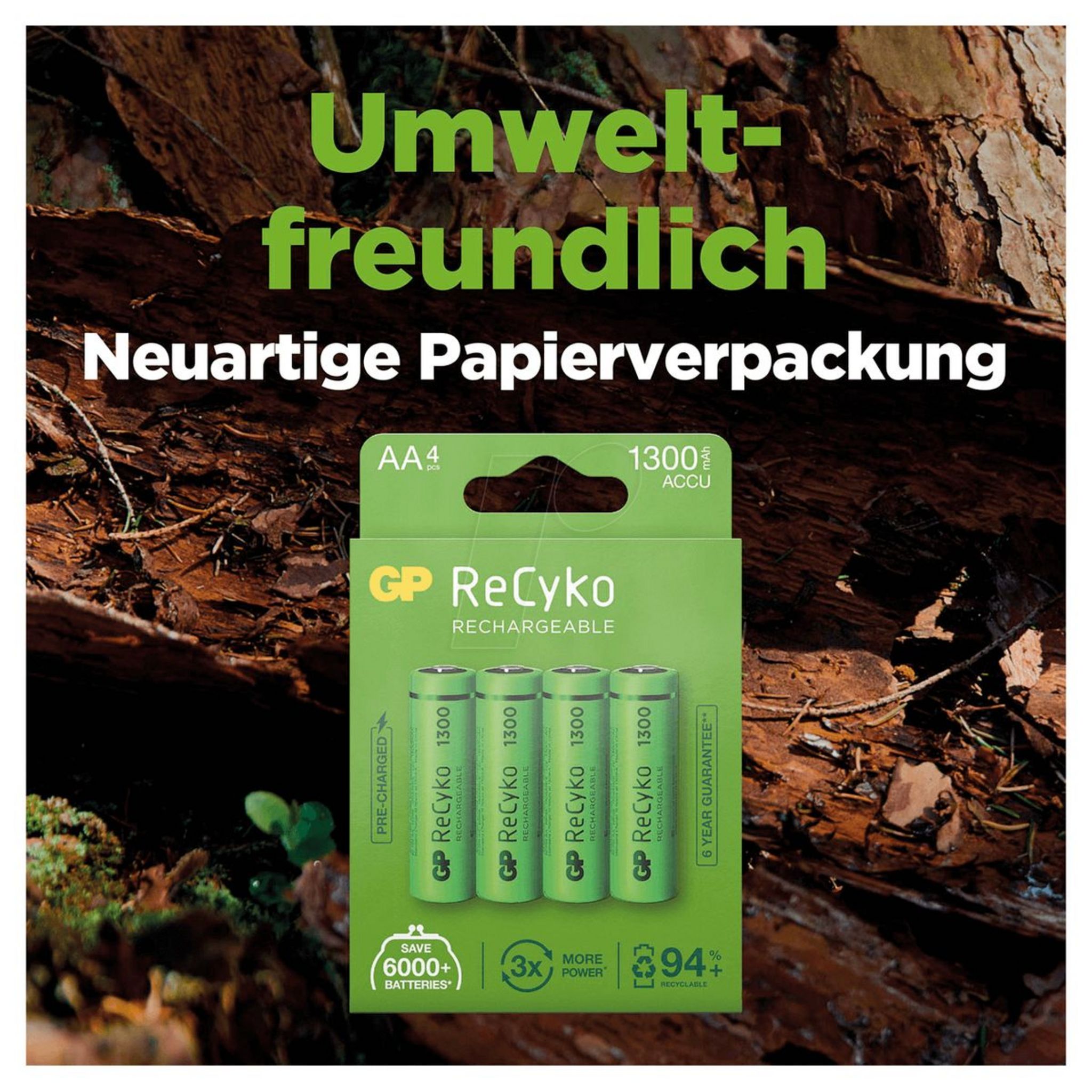 Voir la diapositive 4 : GP Blister 4 piles rechargeables ReCyko+ AA 1300MAH - Vert