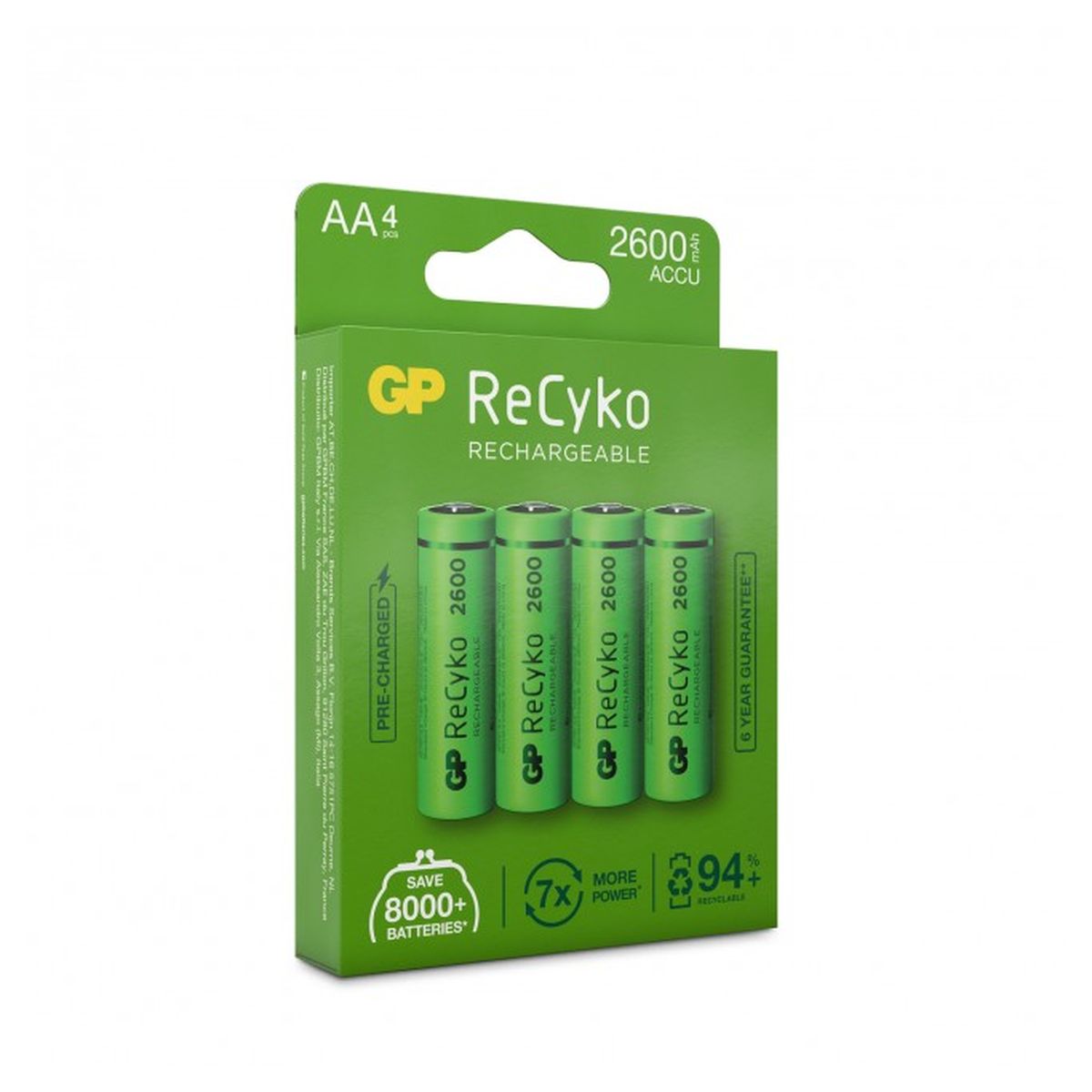Voir la diapositive 2 : GP Blister 4 piles rechargeables Recyko+ AA 2600MAH 201210 - Vert