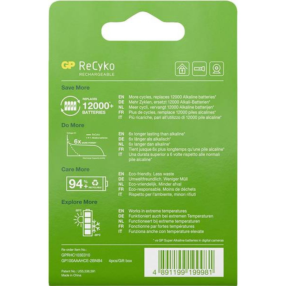 GP Lot 4 piles rechargeables 1.2V - Technologie NiMh - Capacité 950 mAh - Type LR3 AAA