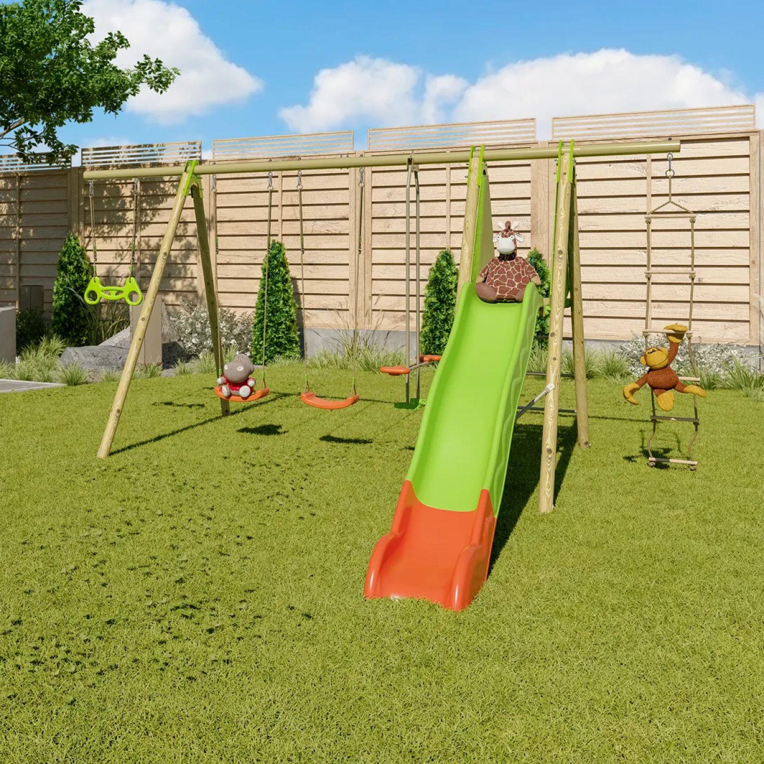 Voir la diapositive 2 : ALEO BY TRIGANO Portique balançoire avec toboggan - Bois et Métal - H2,30m - MAKUTA