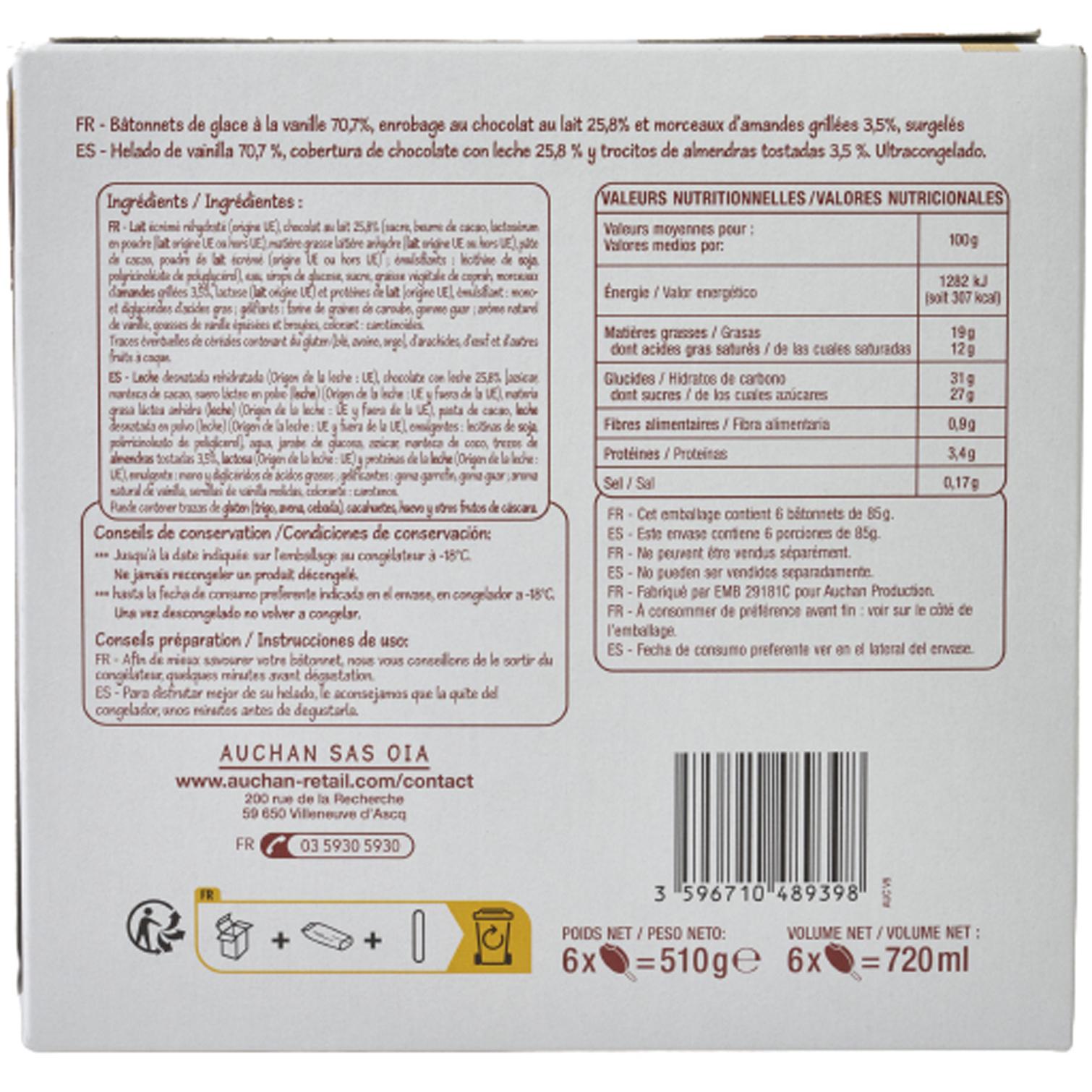 Voir la diapositive 2 : POUCE Maxi bâtonnets glace vanille chocolat au lait amandes 6 pièces 510g