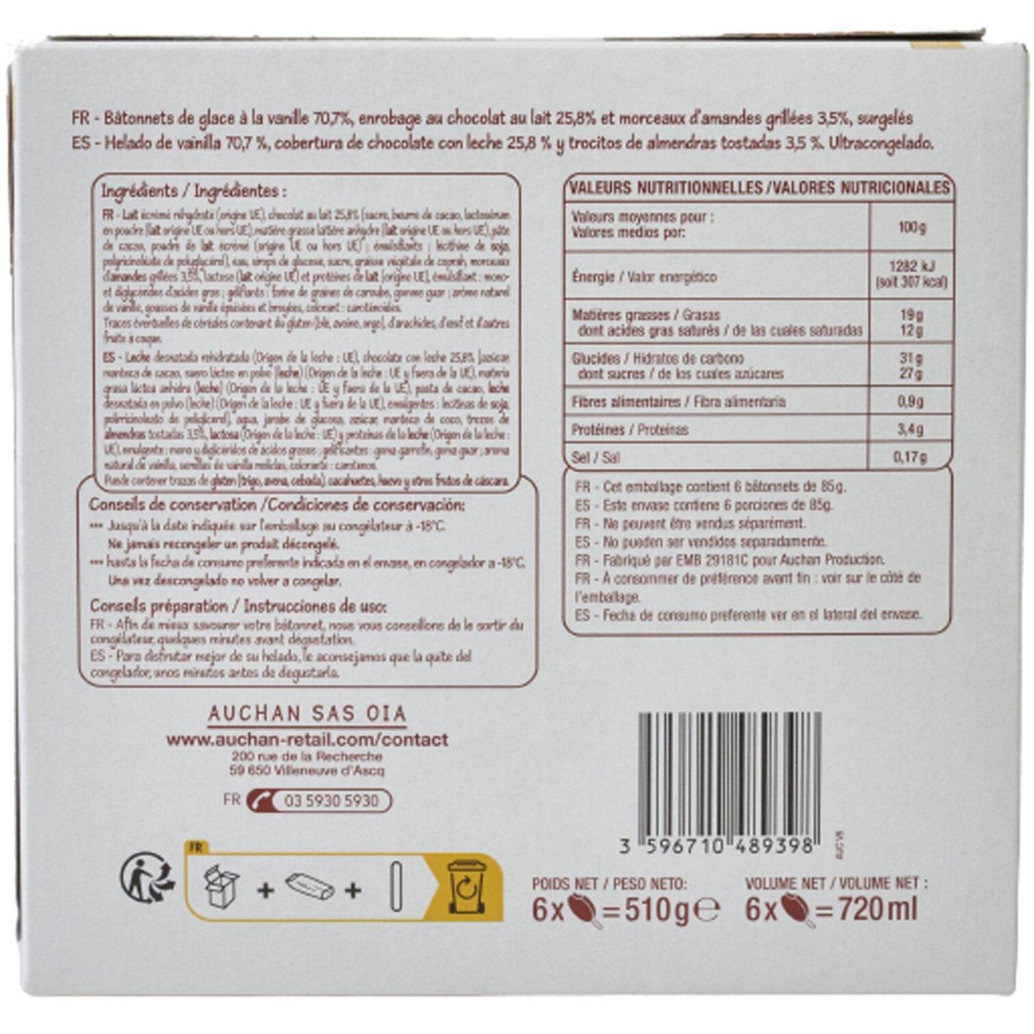 Voir la diapositive 3 : POUCE Maxi bâtonnets glace vanille chocolat au lait amandes 6 pièces 510g
